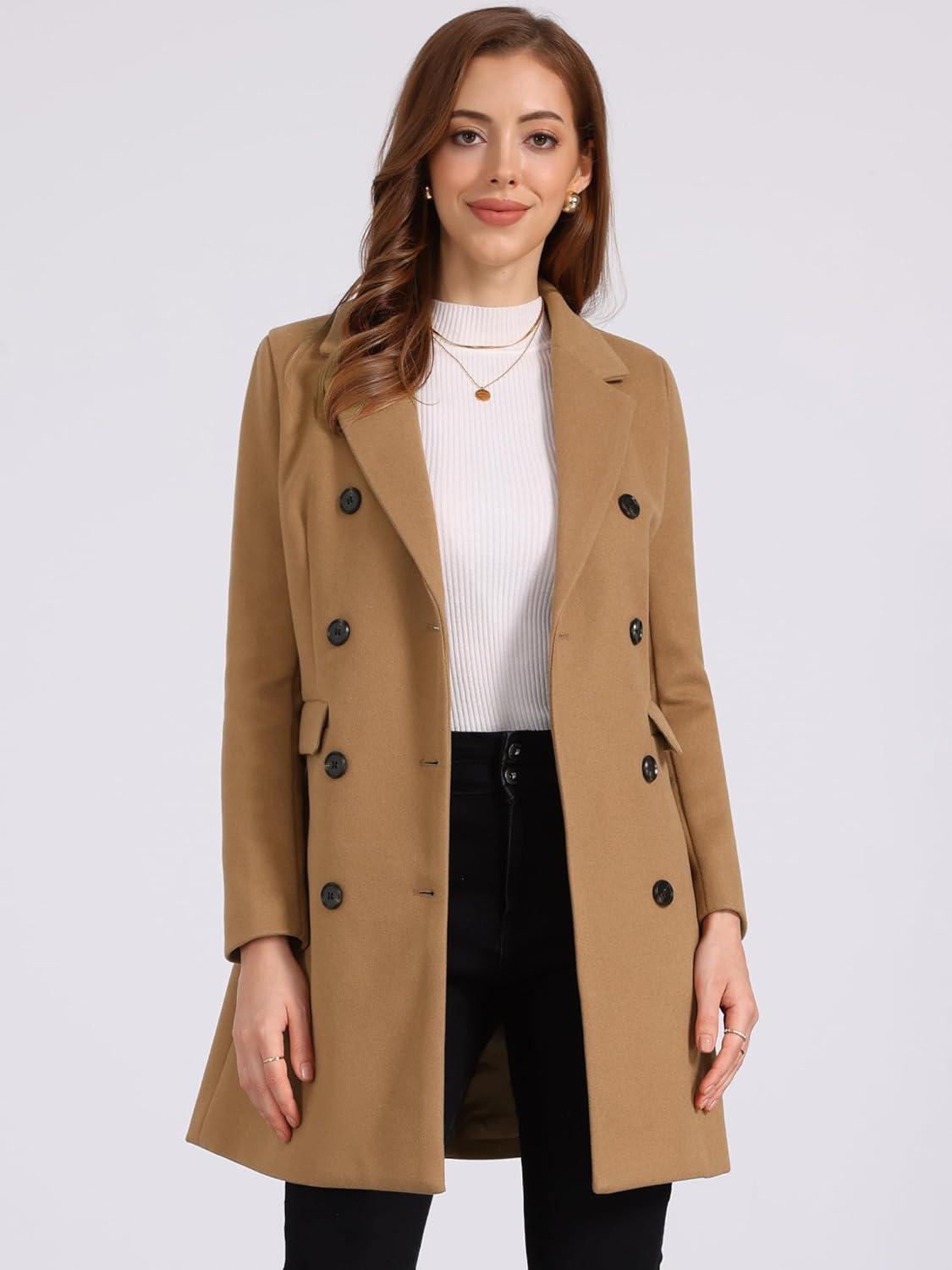 imageAllegra K Womens Winter Coat Elegant Notched Lapel Double Breasted Trench CoatCamel