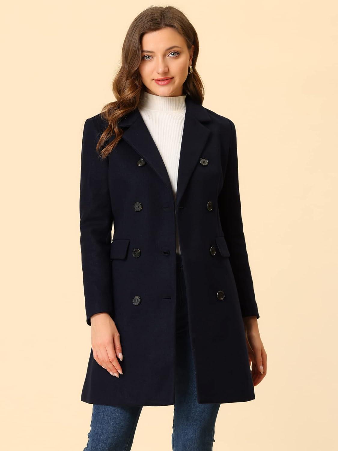 imageAllegra K Womens Winter Coat Elegant Notched Lapel Double Breasted Trench CoatDark Blue