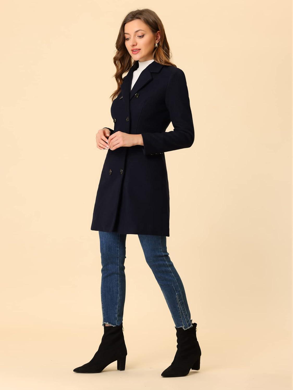 imageAllegra K Womens Winter Coat Elegant Notched Lapel Double Breasted Trench CoatDark Blue
