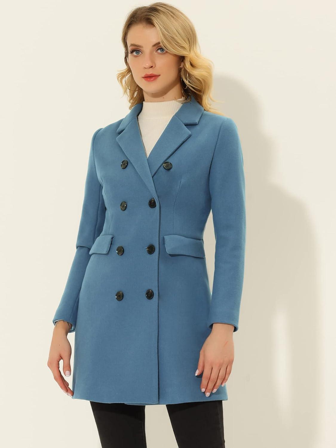imageAllegra K Womens Winter Coat Elegant Notched Lapel Double Breasted Trench CoatGrey Blue