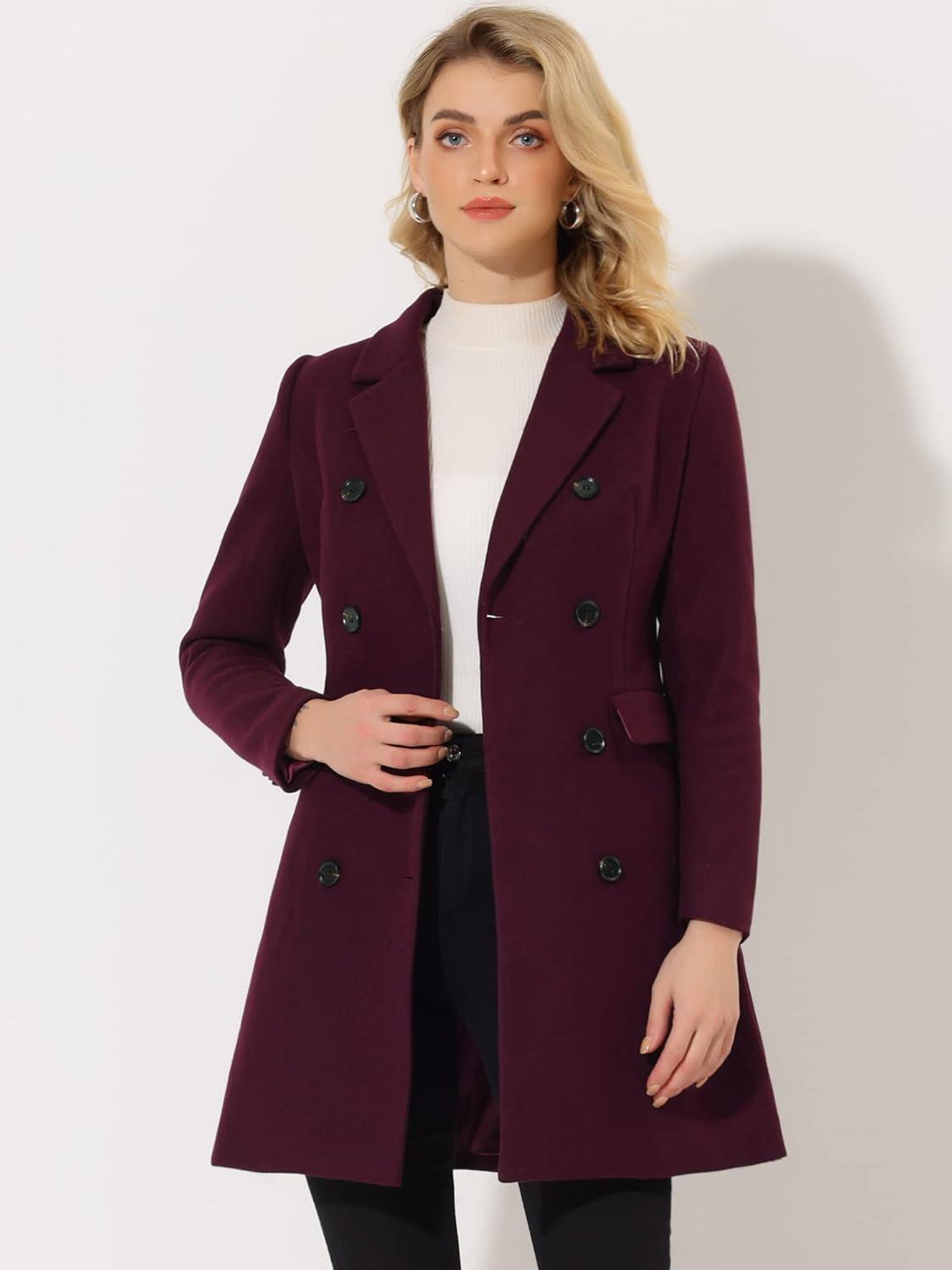 imageAllegra K Womens Winter Coat Elegant Notched Lapel Double Breasted Trench CoatPurplish Red