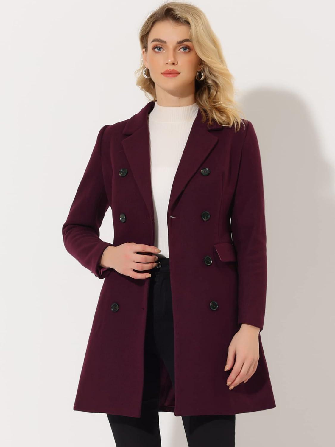 imageAllegra K Womens Winter Coat Elegant Notched Lapel Double Breasted Trench CoatPurplish Red