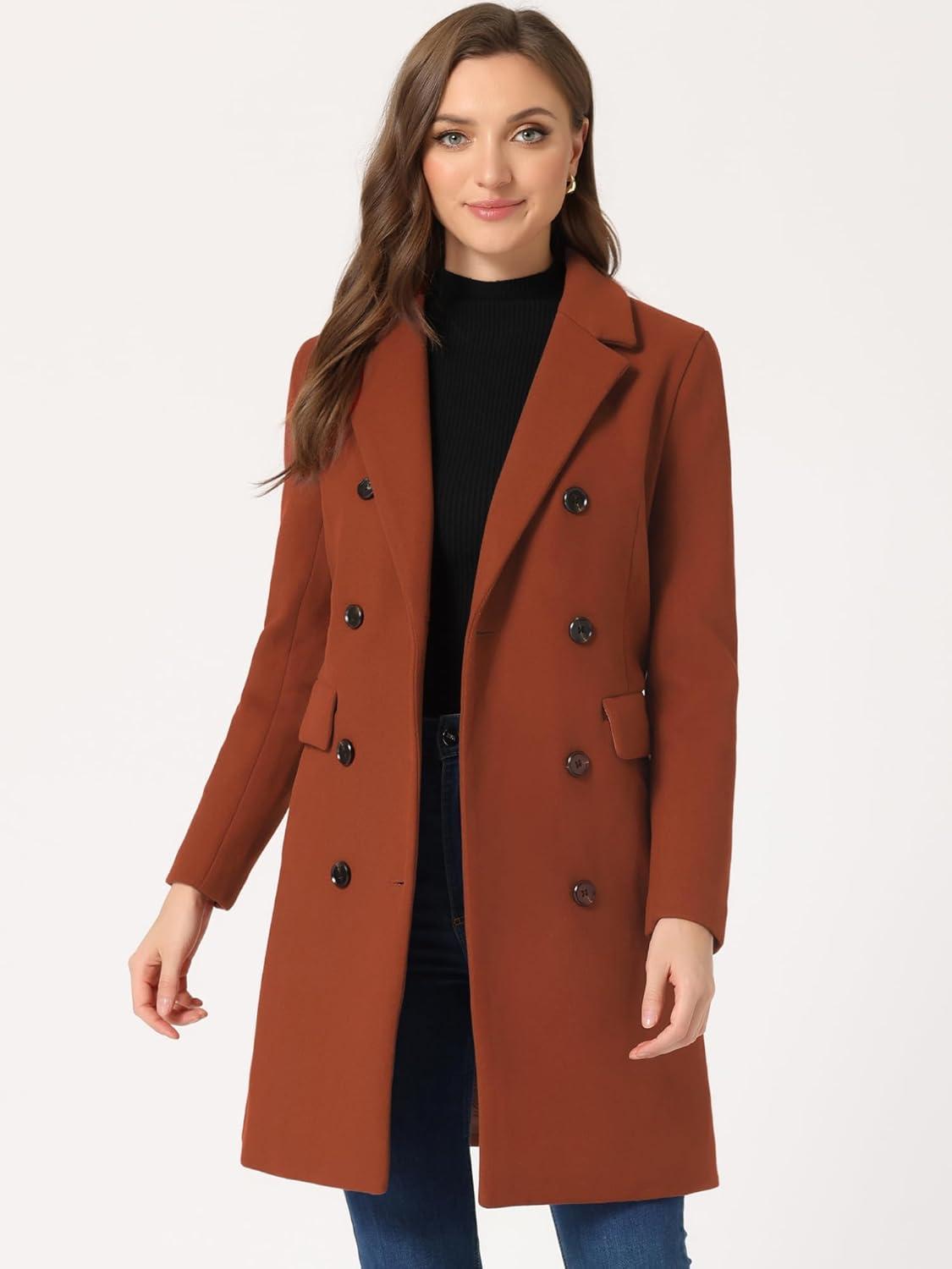 imageAllegra K Womens Winter Coat Elegant Notched Lapel Double Breasted Trench CoatReddish Brown