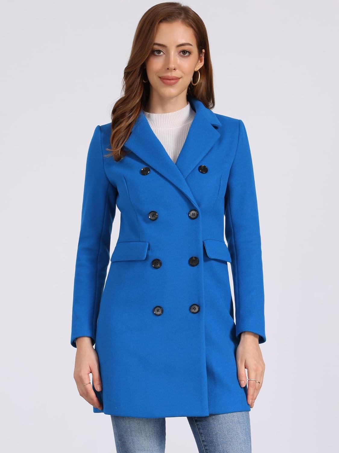 imageAllegra K Womens Winter Coat Elegant Notched Lapel Double Breasted Trench CoatSea Blue