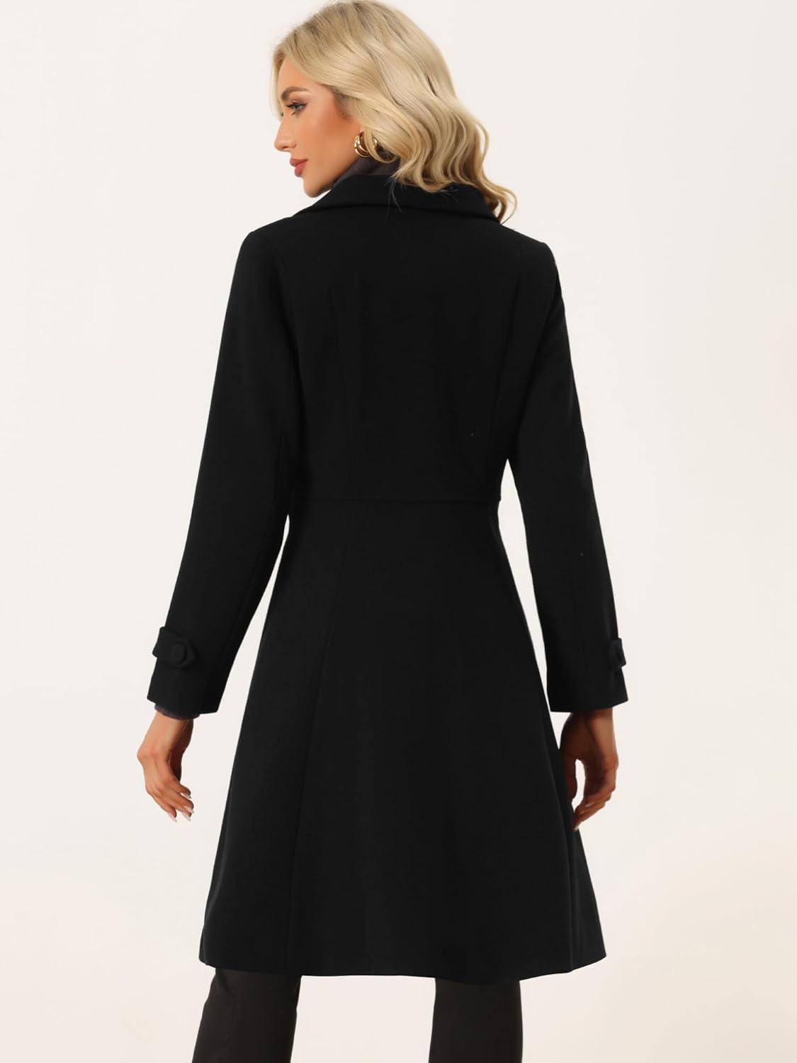 imageAllegra K Womens Winter Coat Overcoat Lapel Collar Long Swing A Line Double Breasted Pea CoatBlack