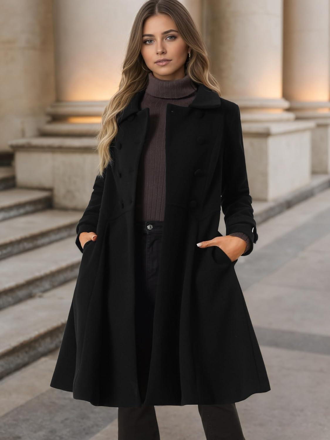 imageAllegra K Womens Winter Coat Overcoat Lapel Collar Long Swing A Line Double Breasted Pea CoatBlack