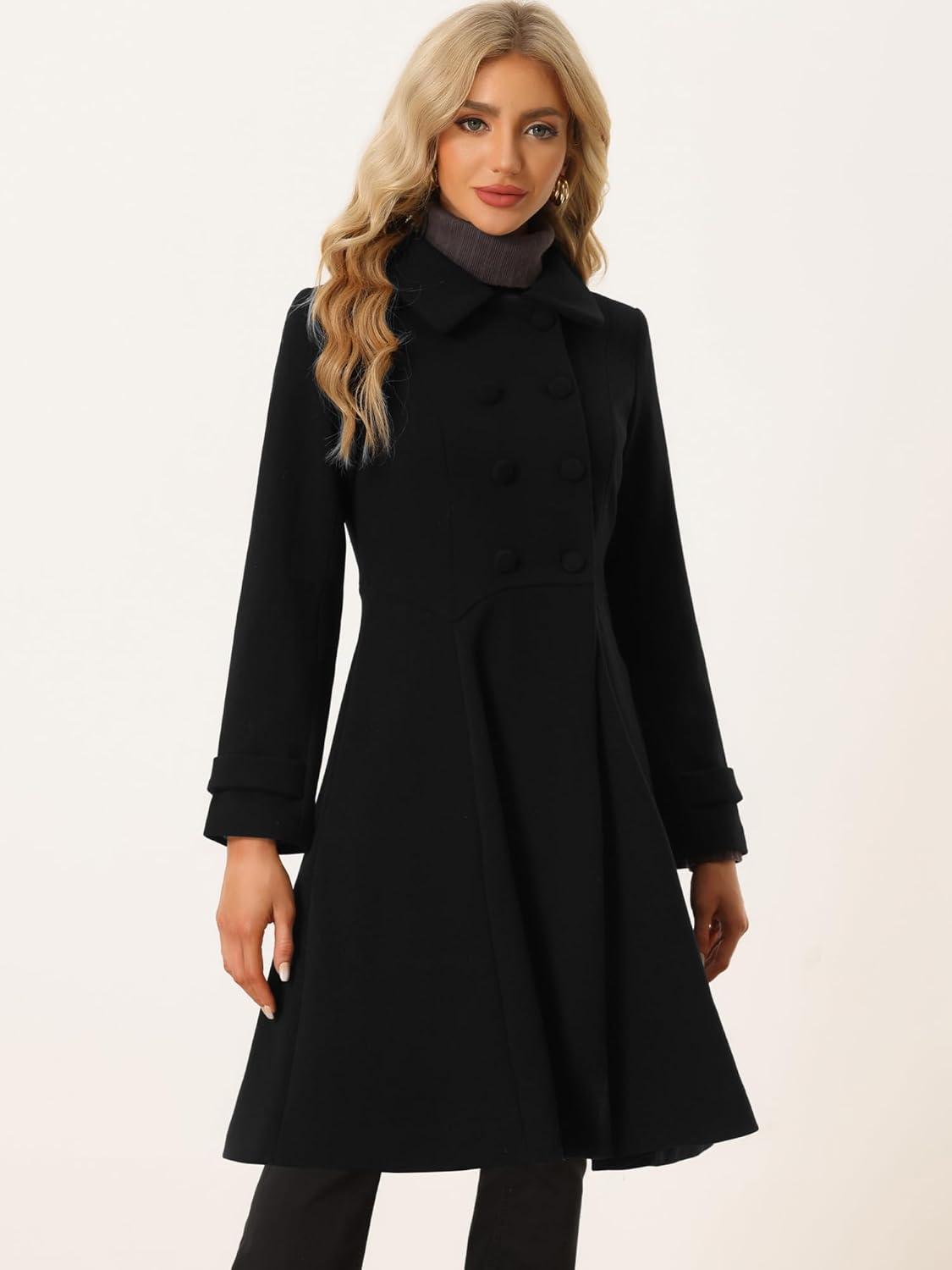 imageAllegra K Womens Winter Coat Overcoat Lapel Collar Long Swing A Line Double Breasted Pea CoatBlack
