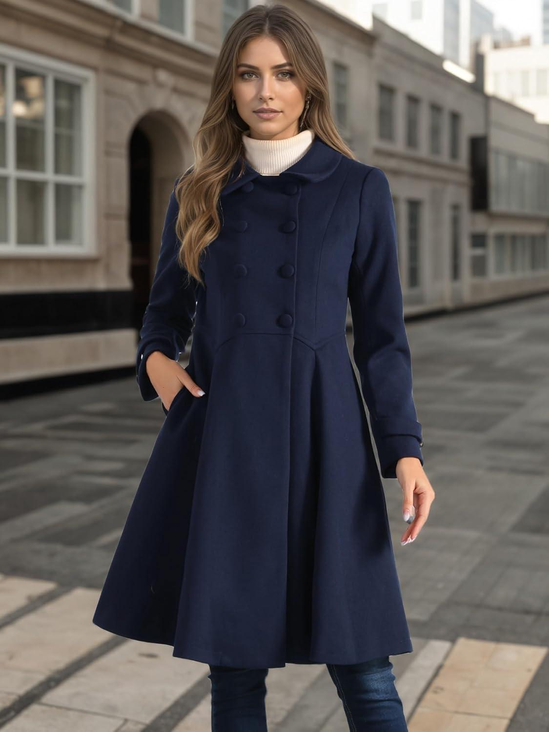 imageAllegra K Womens Winter Coat Overcoat Lapel Collar Long Swing A Line Double Breasted Pea CoatDark Blue