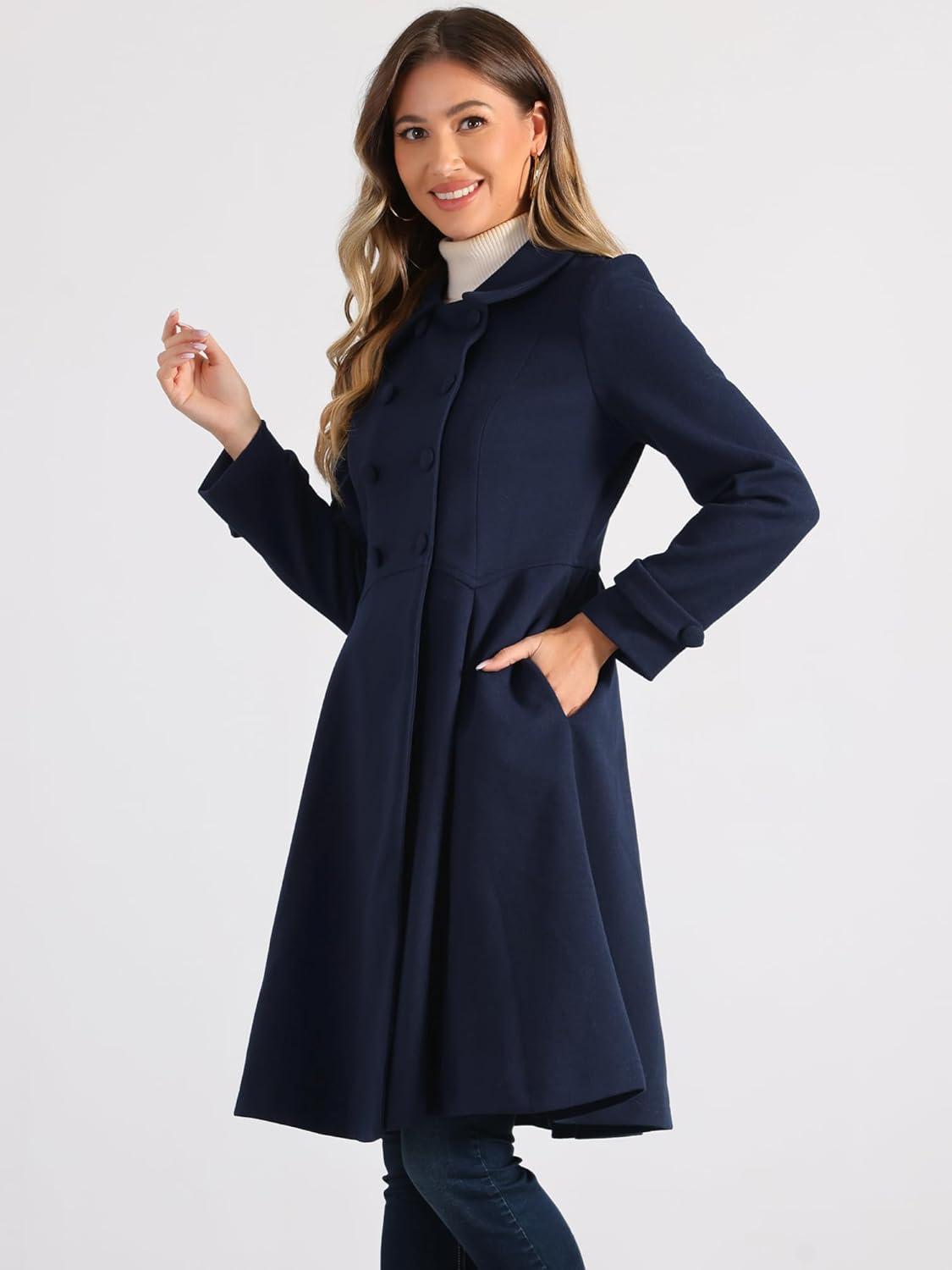 imageAllegra K Womens Winter Coat Overcoat Lapel Collar Long Swing A Line Double Breasted Pea CoatDark Blue