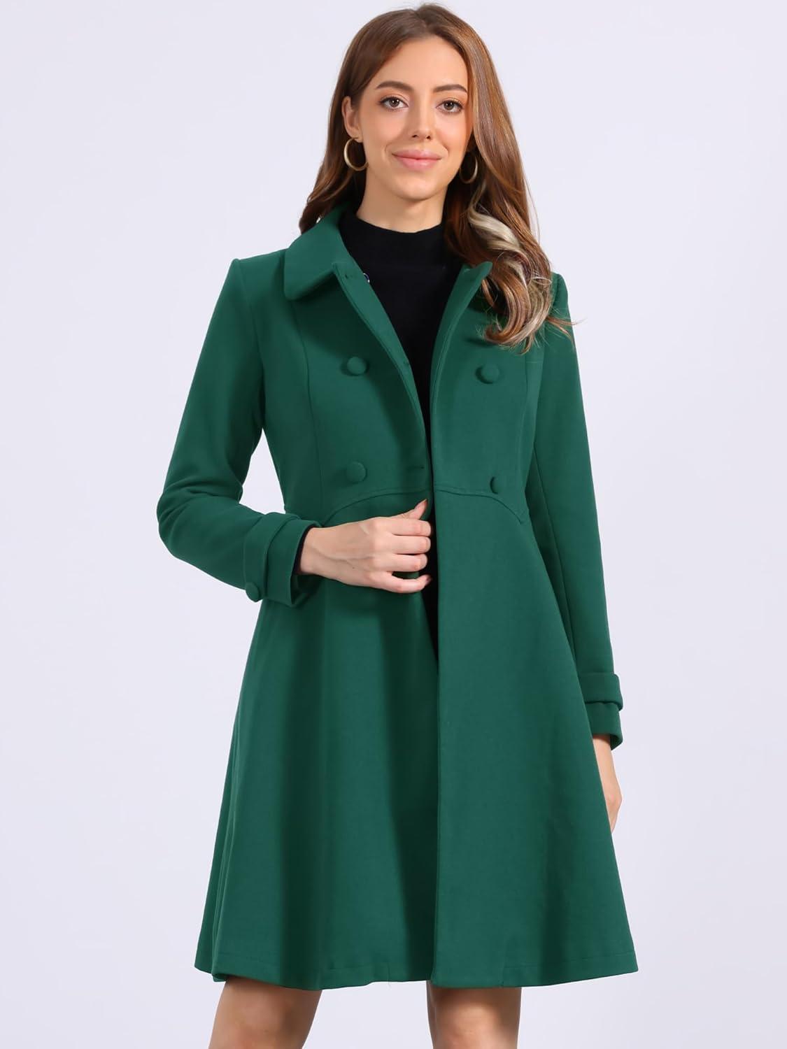 imageAllegra K Womens Winter Coat Overcoat Lapel Collar Long Swing A Line Double Breasted Pea CoatDark Green
