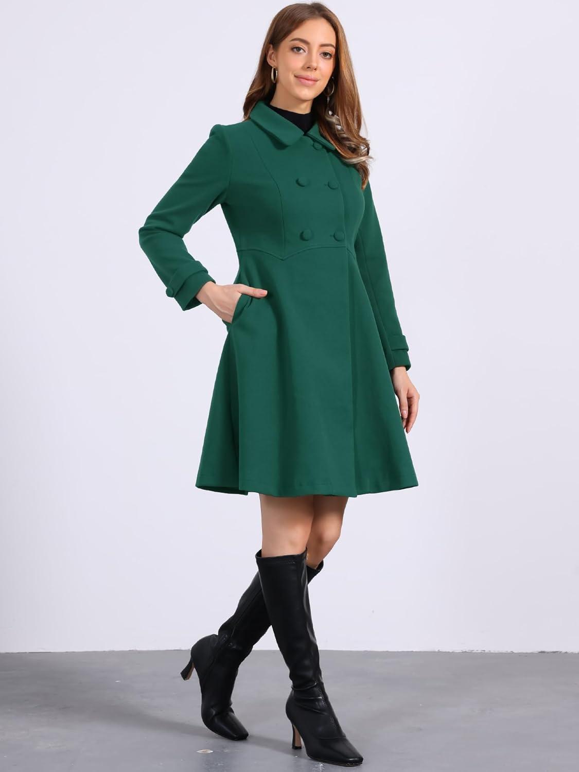 imageAllegra K Womens Winter Coat Overcoat Lapel Collar Long Swing A Line Double Breasted Pea CoatDark Green