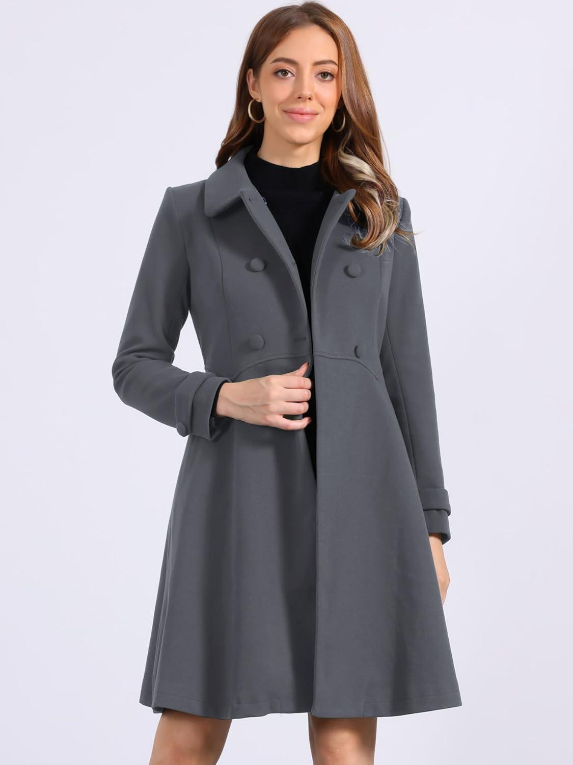 imageAllegra K Womens Winter Coat Overcoat Lapel Collar Long Swing A Line Double Breasted Pea CoatDark Grey