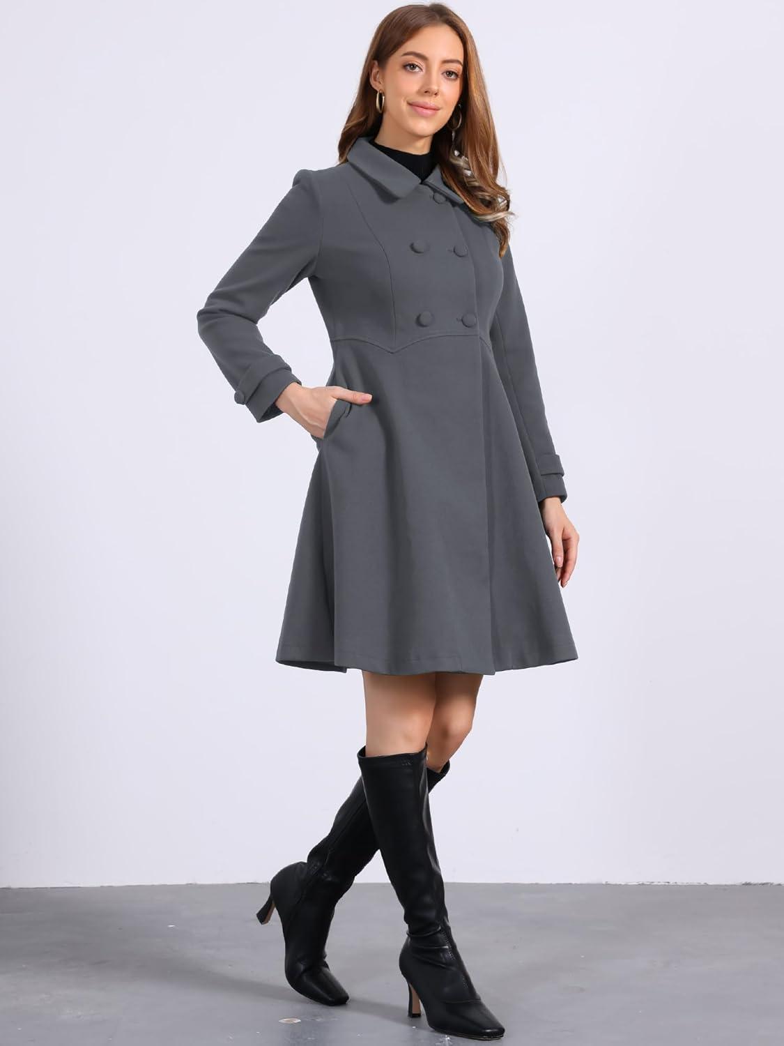 imageAllegra K Womens Winter Coat Overcoat Lapel Collar Long Swing A Line Double Breasted Pea CoatDark Grey