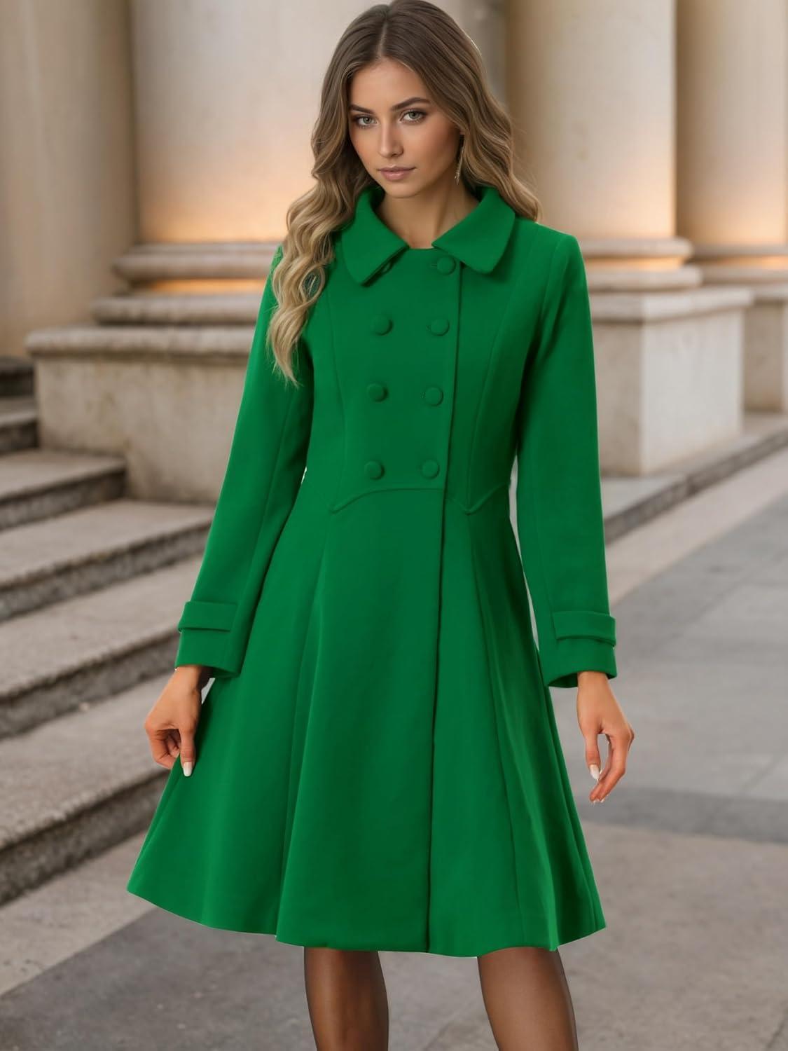 imageAllegra K Womens Winter Coat Overcoat Lapel Collar Long Swing A Line Double Breasted Pea CoatGreen