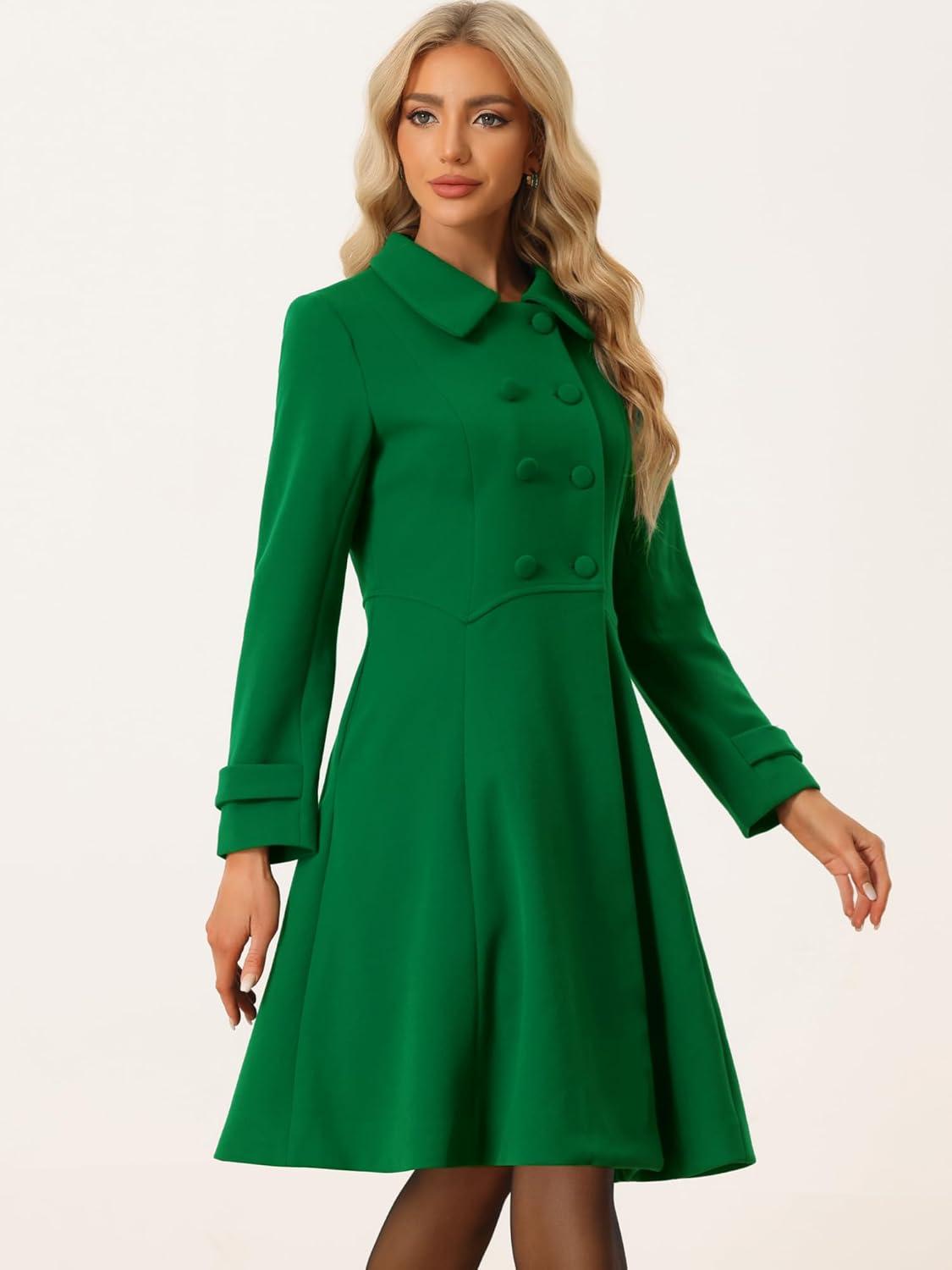 imageAllegra K Womens Winter Coat Overcoat Lapel Collar Long Swing A Line Double Breasted Pea CoatGreen