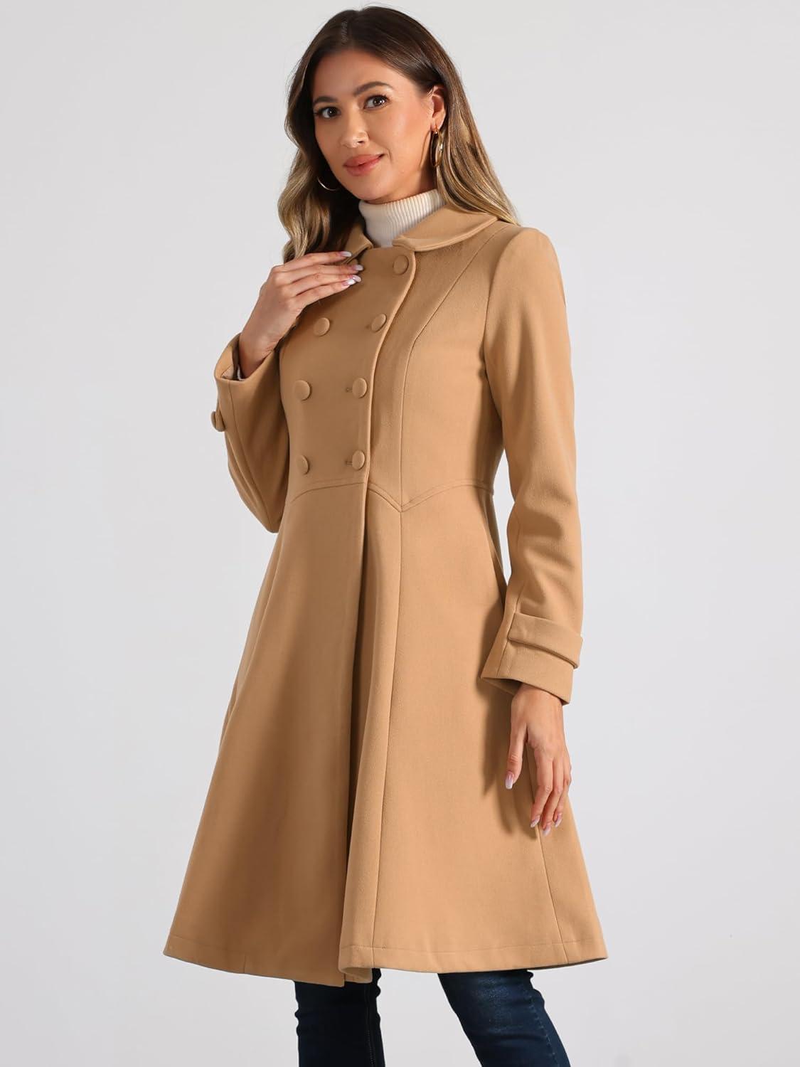 imageAllegra K Womens Winter Coat Overcoat Lapel Collar Long Swing A Line Double Breasted Pea CoatKhaki