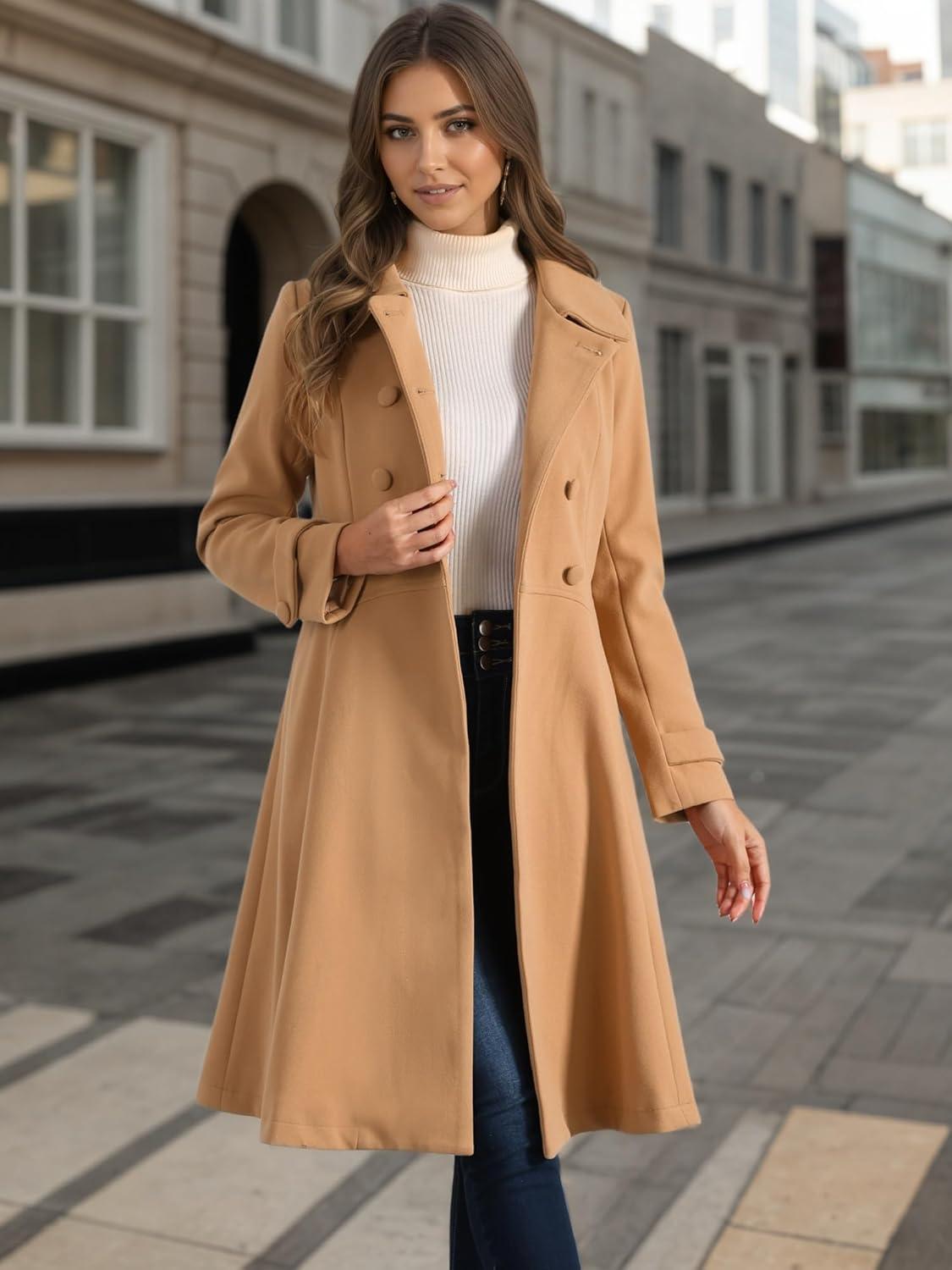imageAllegra K Womens Winter Coat Overcoat Lapel Collar Long Swing A Line Double Breasted Pea CoatKhaki