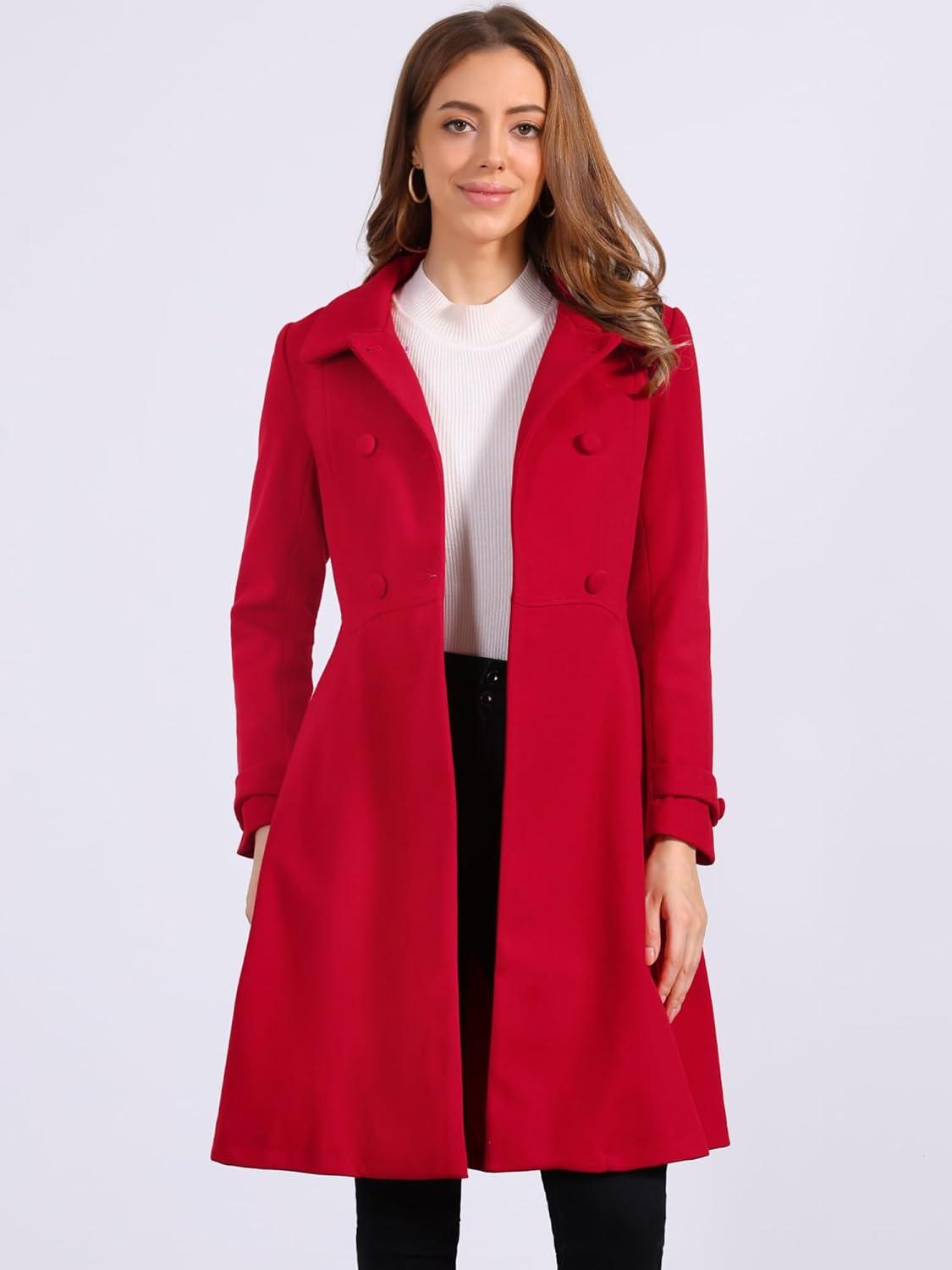 imageAllegra K Womens Winter Coat Overcoat Lapel Collar Long Swing A Line Double Breasted Pea CoatRed