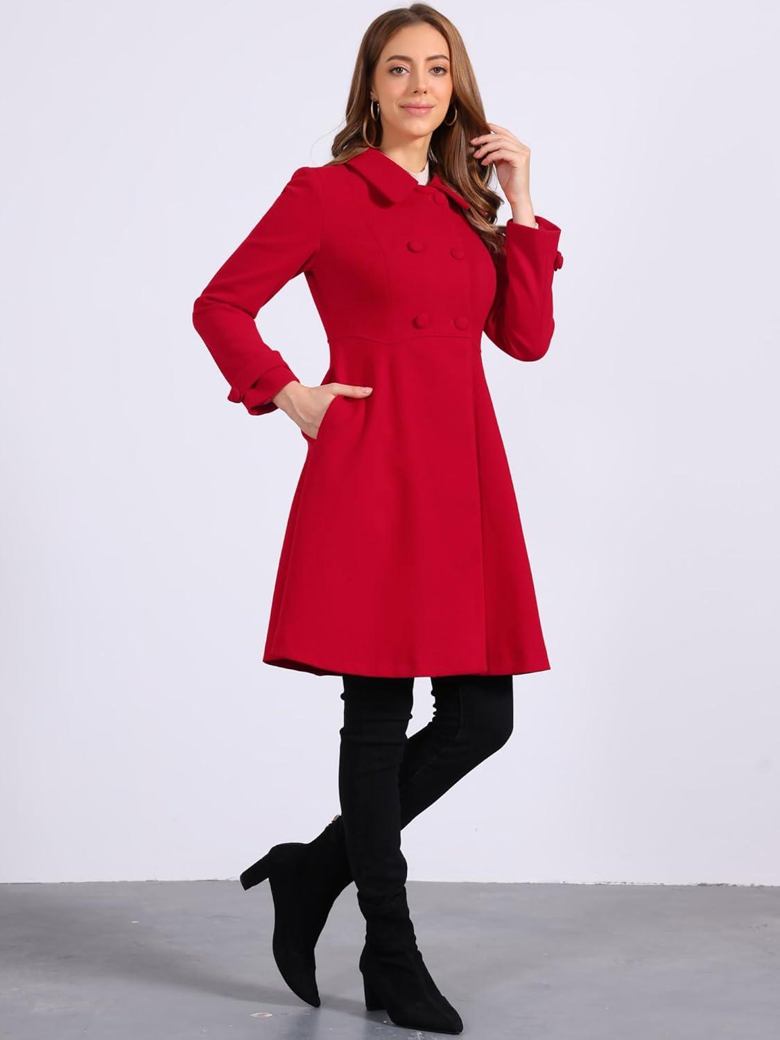 imageAllegra K Womens Winter Coat Overcoat Lapel Collar Long Swing A Line Double Breasted Pea CoatRed