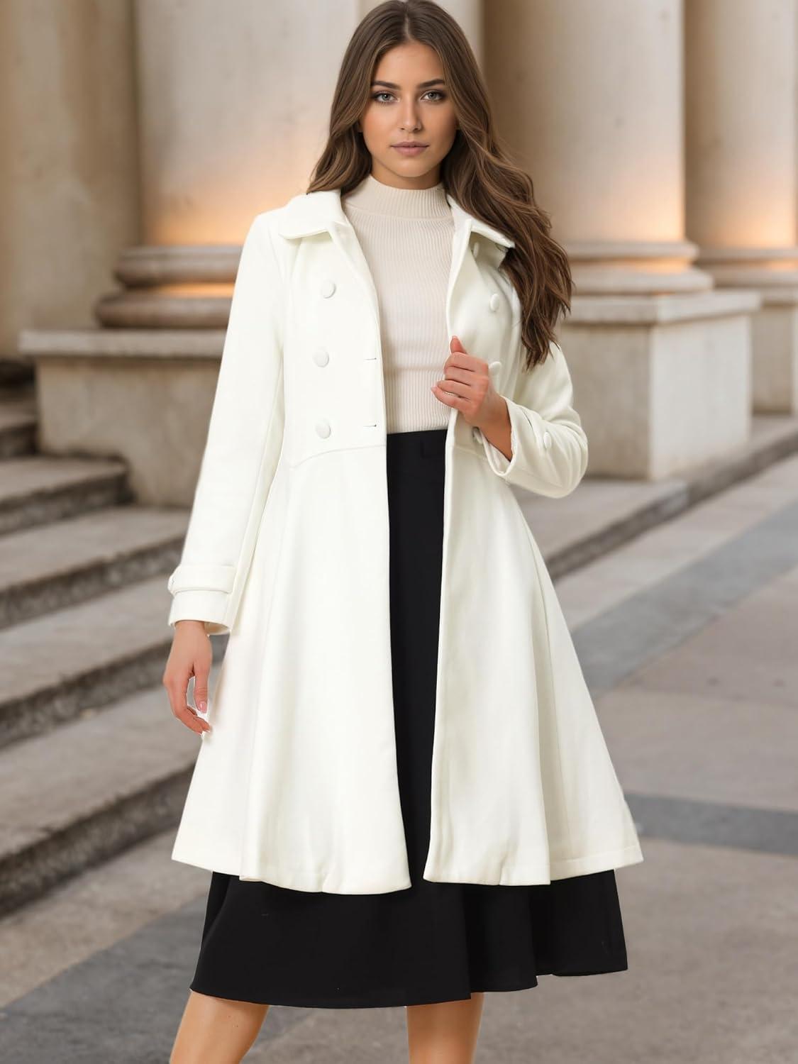 imageAllegra K Womens Winter Coat Overcoat Lapel Collar Long Swing A Line Double Breasted Pea CoatWhite