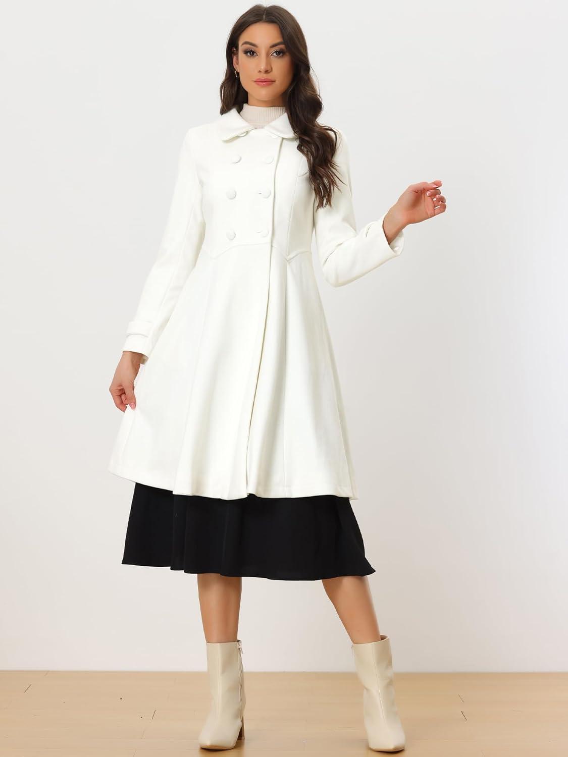 imageAllegra K Womens Winter Coat Overcoat Lapel Collar Long Swing A Line Double Breasted Pea CoatWhite