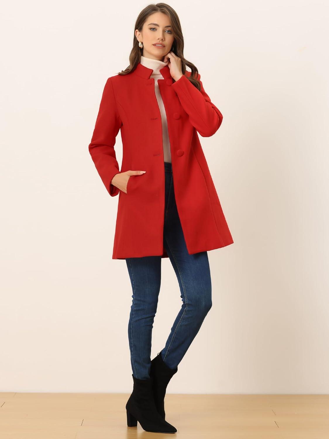 imageAllegra K Womens Winter Overcoat MidLong Stand Collar Single Breasted Coat OuterwearBright Red