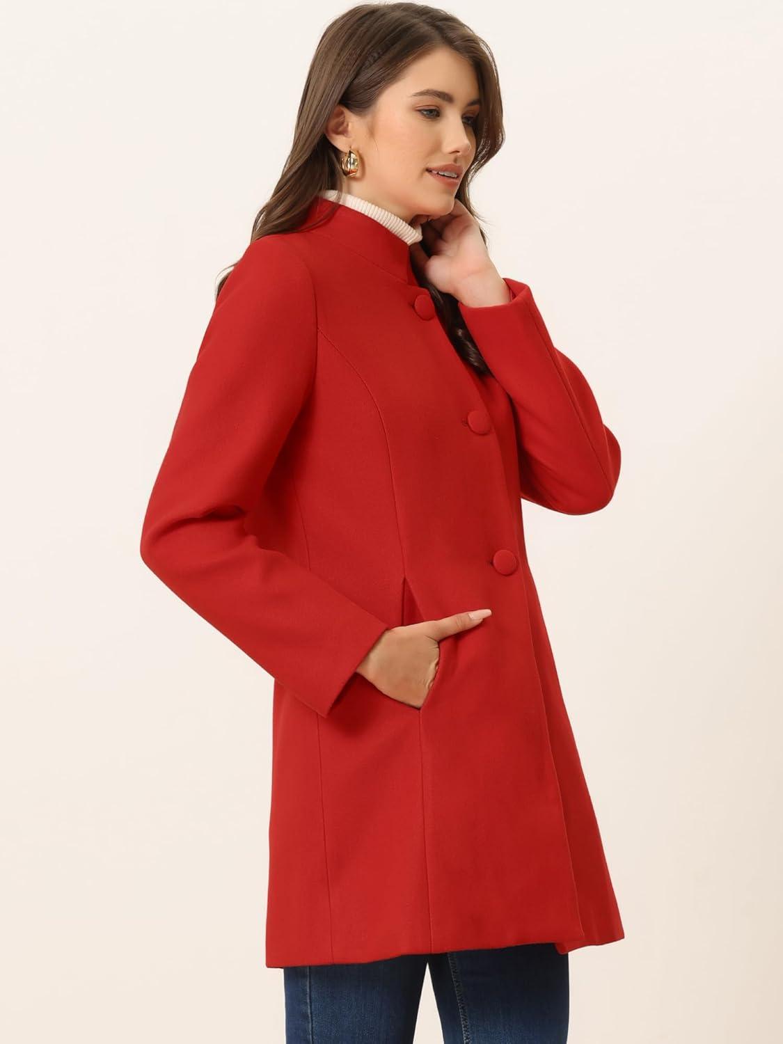 imageAllegra K Womens Winter Overcoat MidLong Stand Collar Single Breasted Coat OuterwearBright Red
