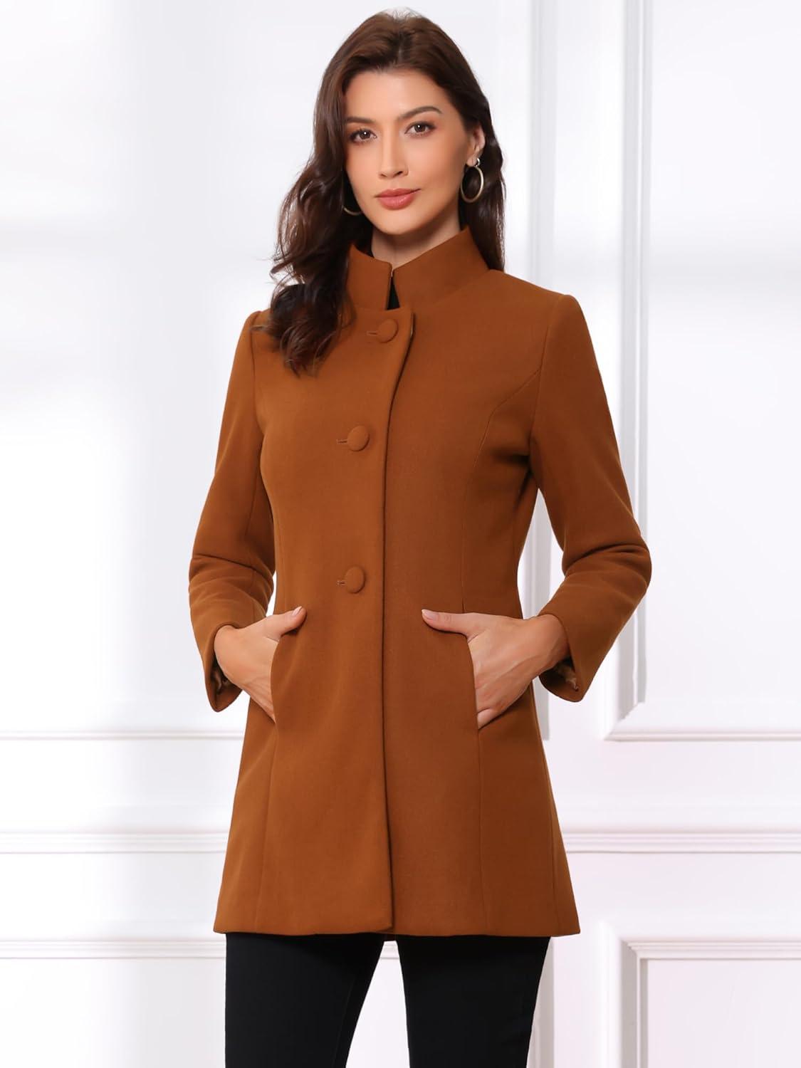 imageAllegra K Womens Winter Overcoat MidLong Stand Collar Single Breasted Coat OuterwearBrown Red