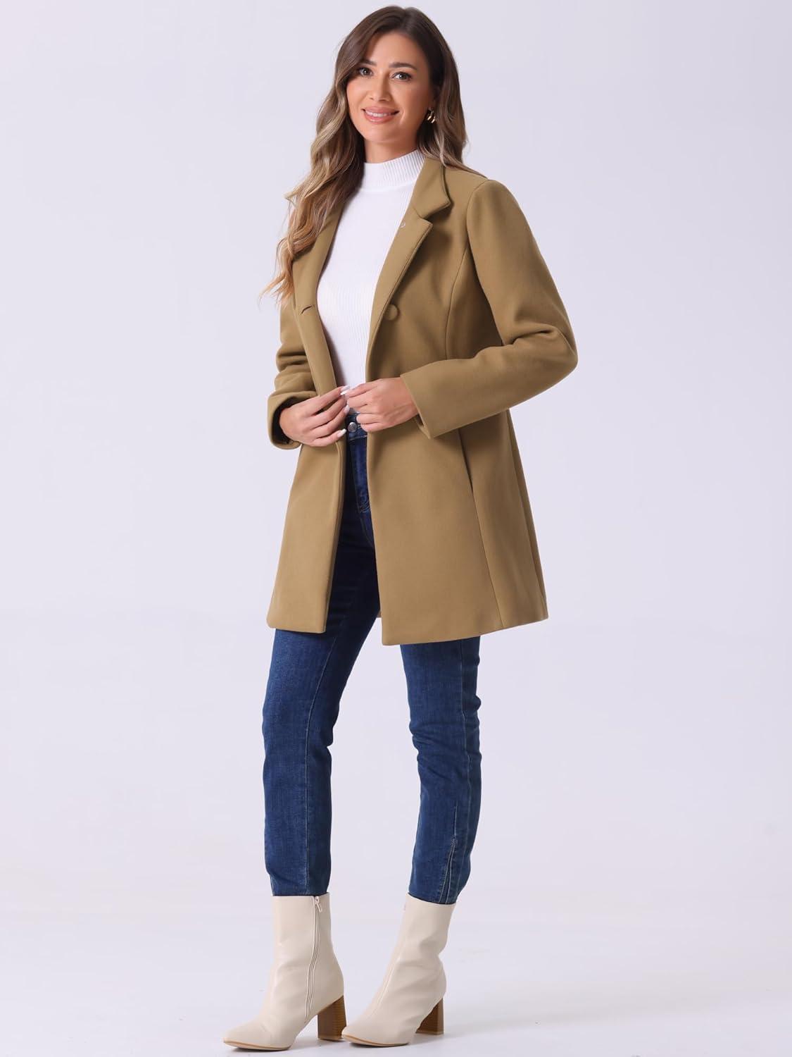 imageAllegra K Womens Winter Overcoat MidLong Stand Collar Single Breasted Coat OuterwearCamel