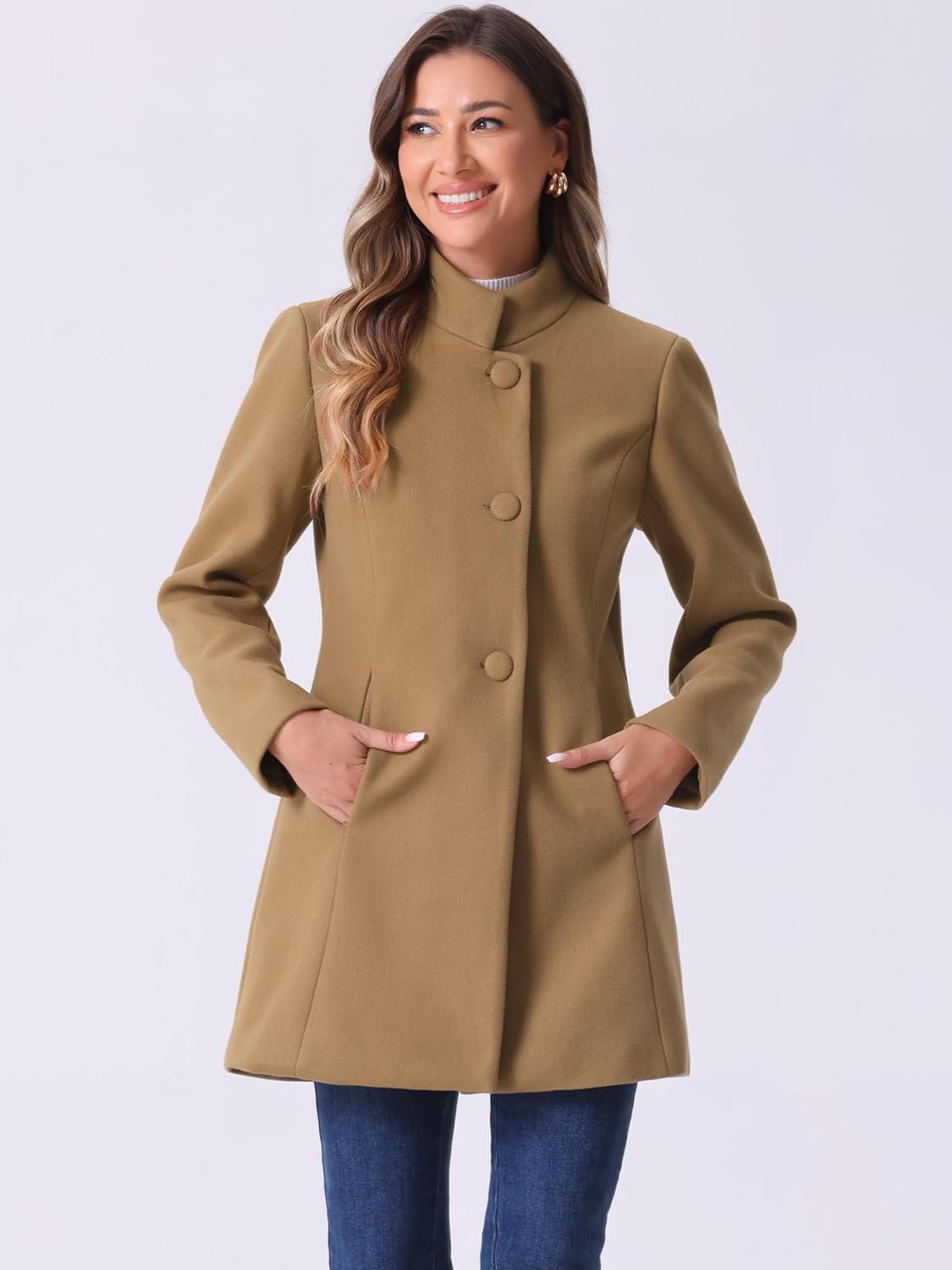 imageAllegra K Womens Winter Overcoat MidLong Stand Collar Single Breasted Coat OuterwearCamel