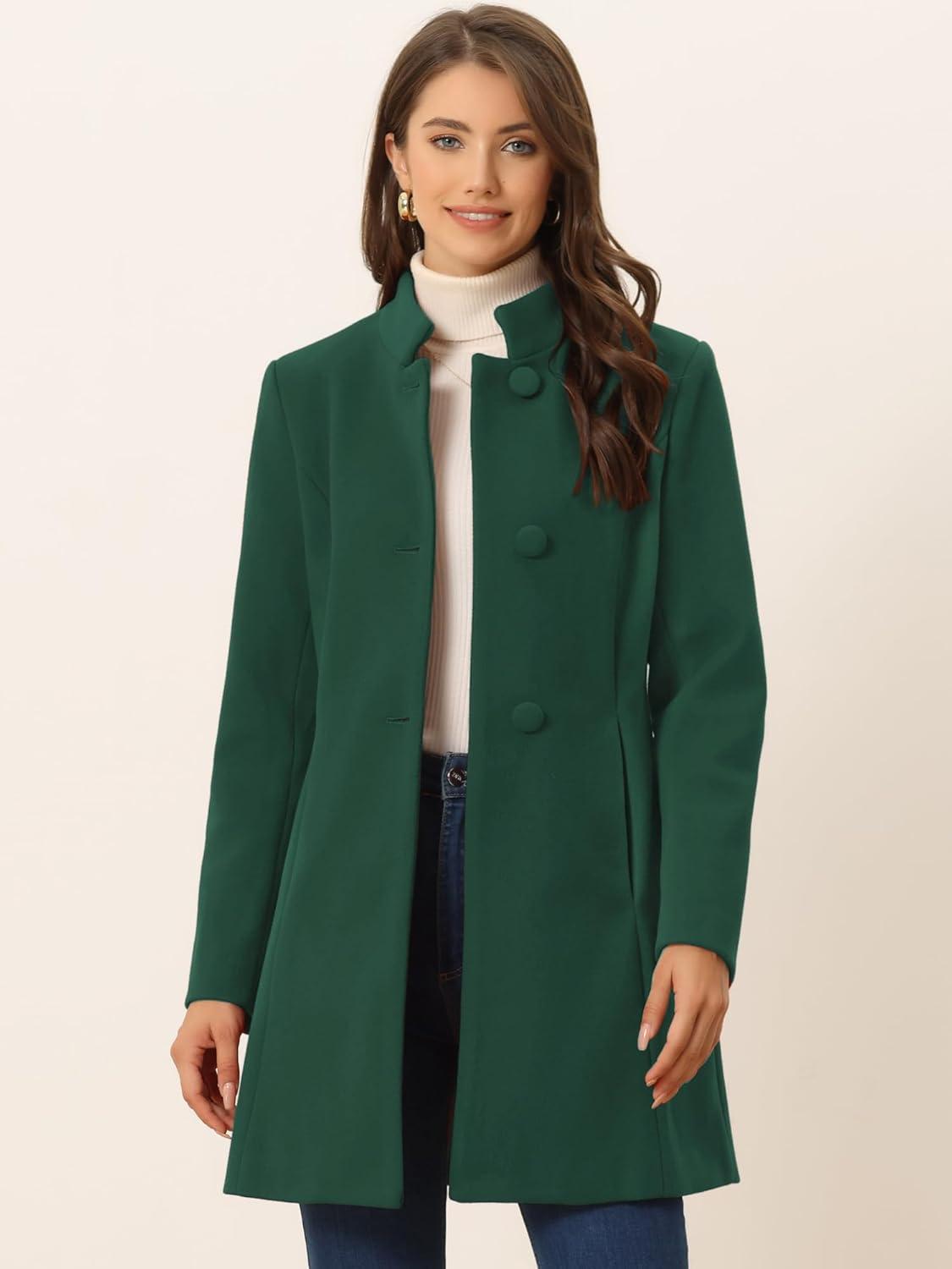 imageAllegra K Womens Winter Overcoat MidLong Stand Collar Single Breasted Coat OuterwearDeep Green