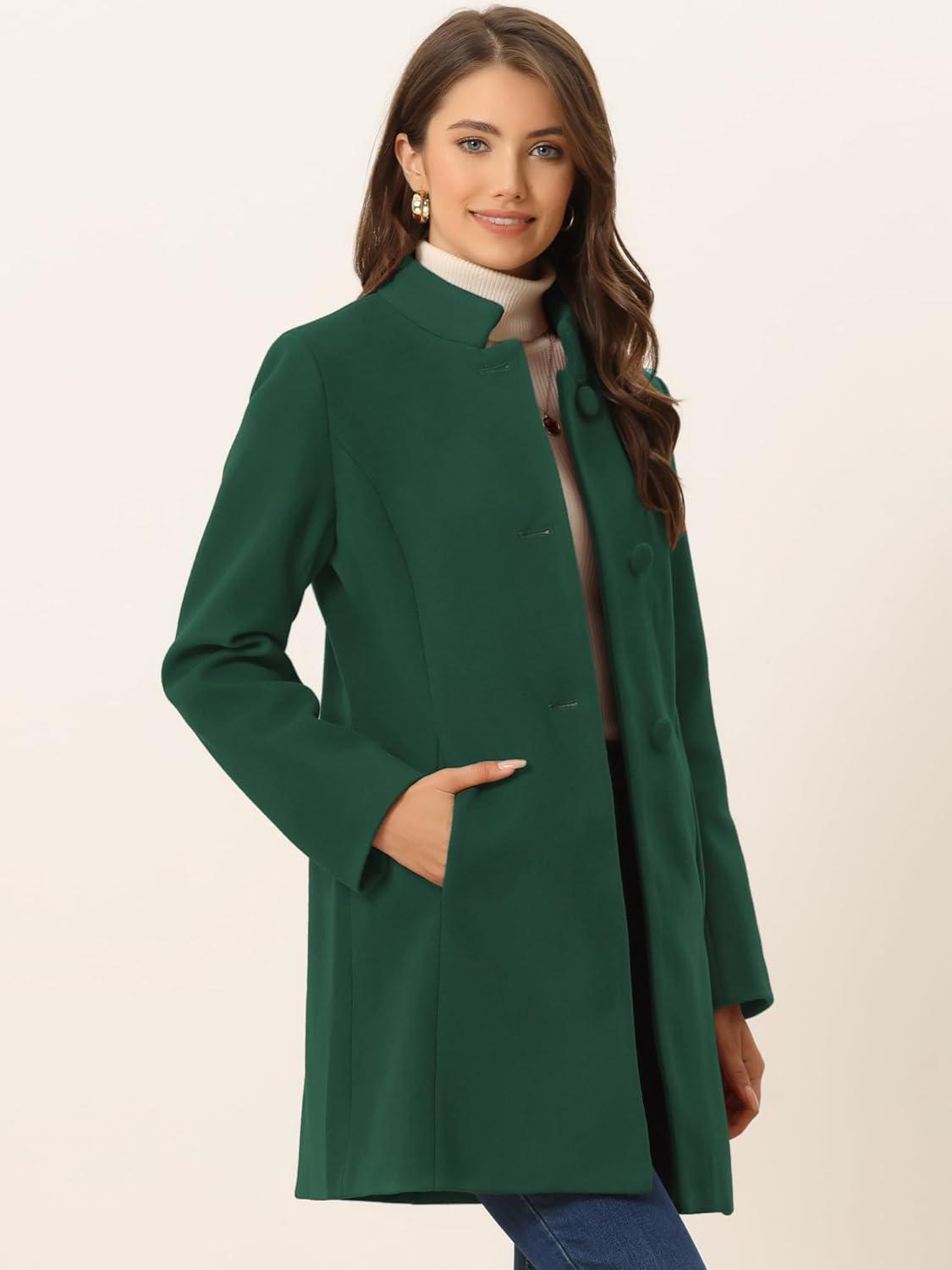 imageAllegra K Womens Winter Overcoat MidLong Stand Collar Single Breasted Coat OuterwearDeep Green