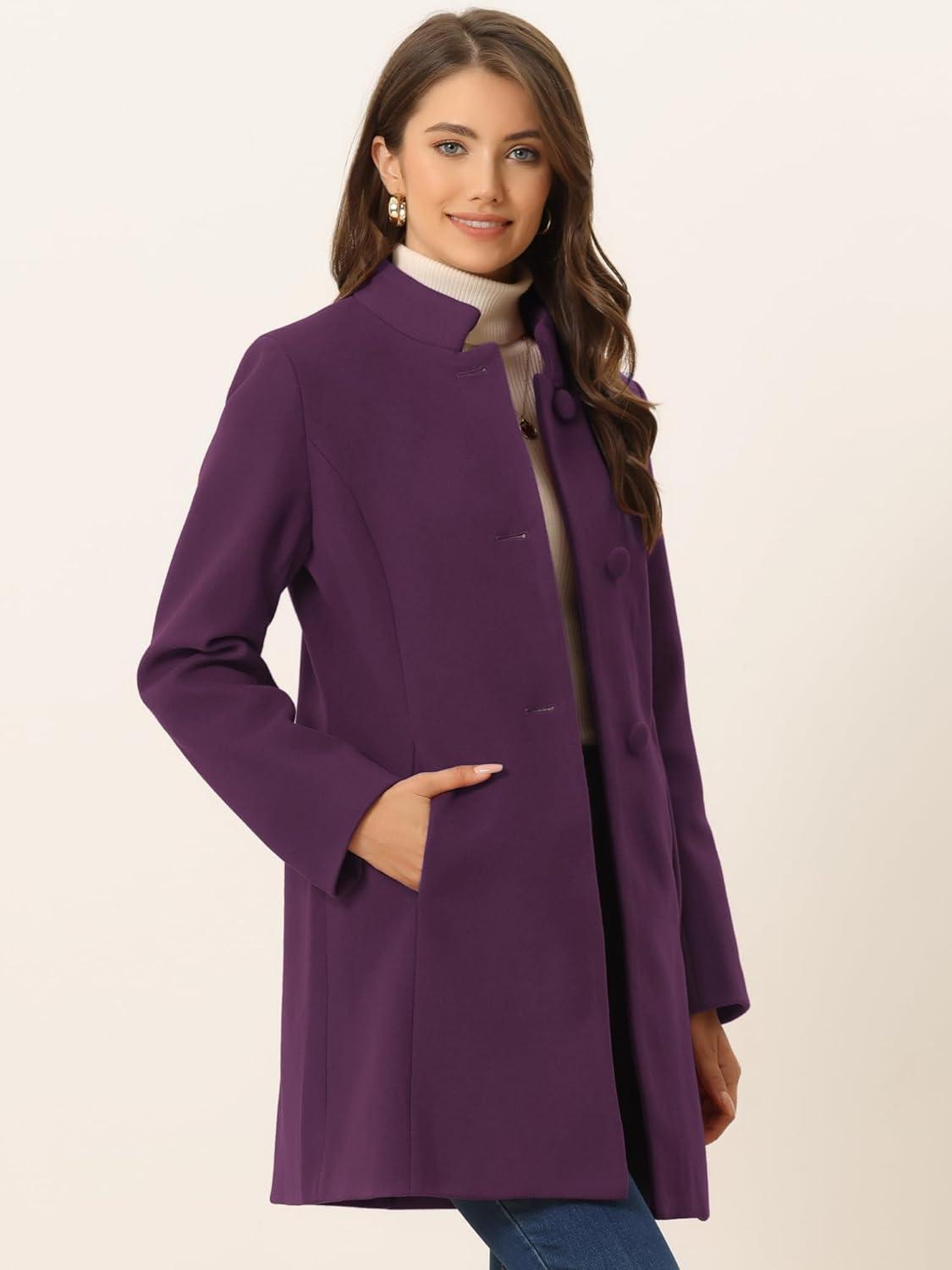 imageAllegra K Womens Winter Overcoat MidLong Stand Collar Single Breasted Coat OuterwearDeep Purple