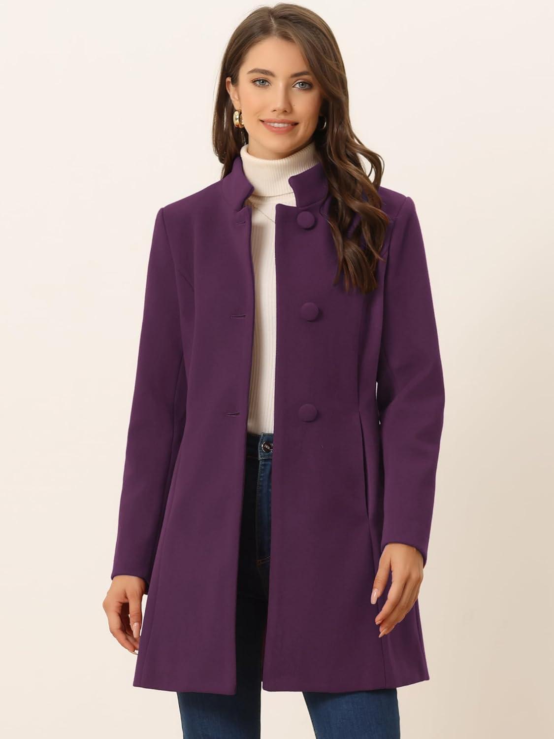 imageAllegra K Womens Winter Overcoat MidLong Stand Collar Single Breasted Coat OuterwearDeep Purple