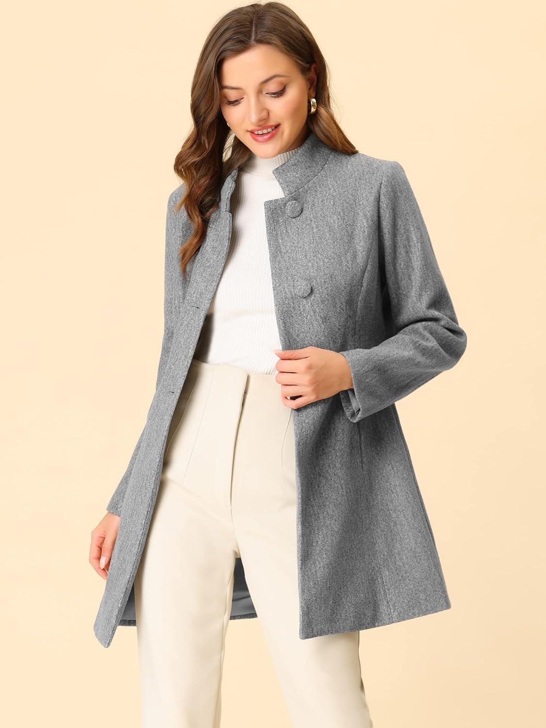 imageAllegra K Womens Winter Overcoat MidLong Stand Collar Single Breasted Coat OuterwearGrey