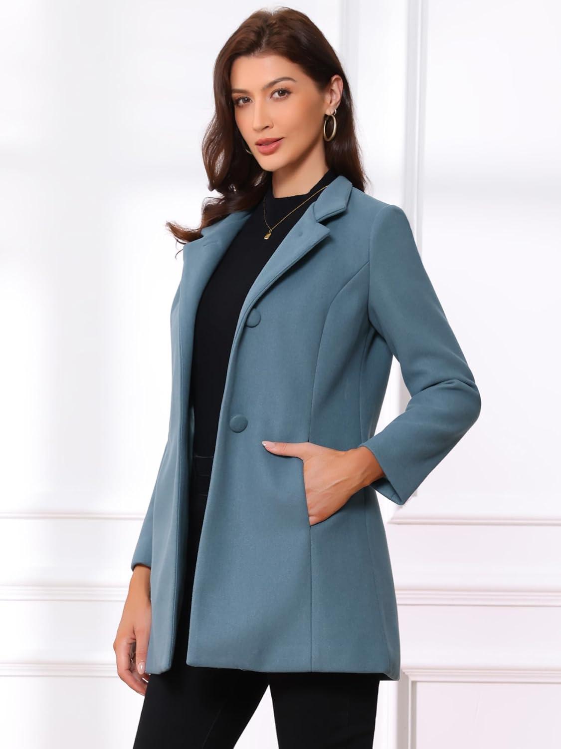 imageAllegra K Womens Winter Overcoat MidLong Stand Collar Single Breasted Coat OuterwearGrey Blue