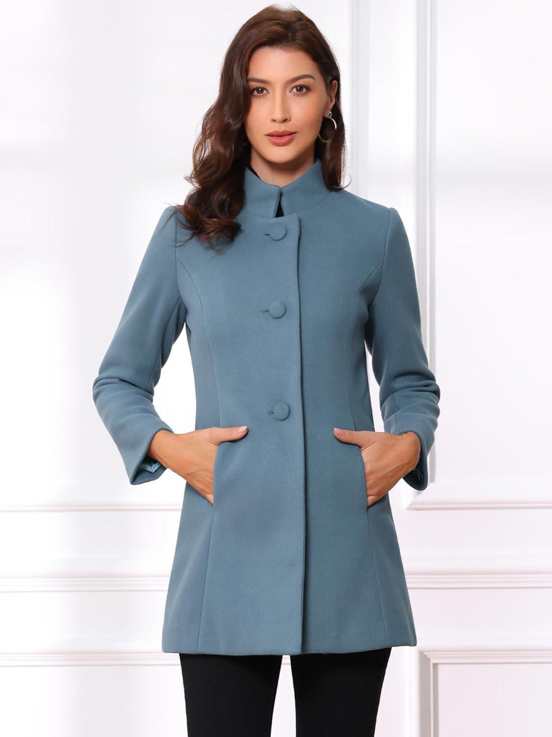 imageAllegra K Womens Winter Overcoat MidLong Stand Collar Single Breasted Coat OuterwearGrey Blue