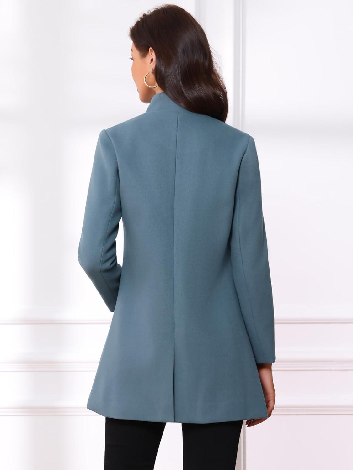imageAllegra K Womens Winter Overcoat MidLong Stand Collar Single Breasted Coat OuterwearGrey Blue
