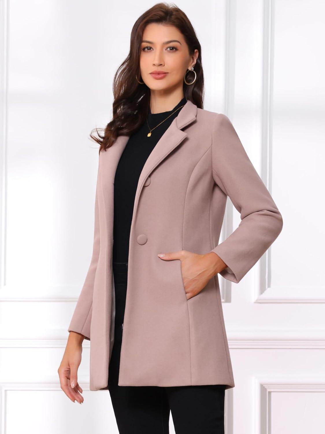 imageAllegra K Womens Winter Overcoat MidLong Stand Collar Single Breasted Coat OuterwearGrey Pink