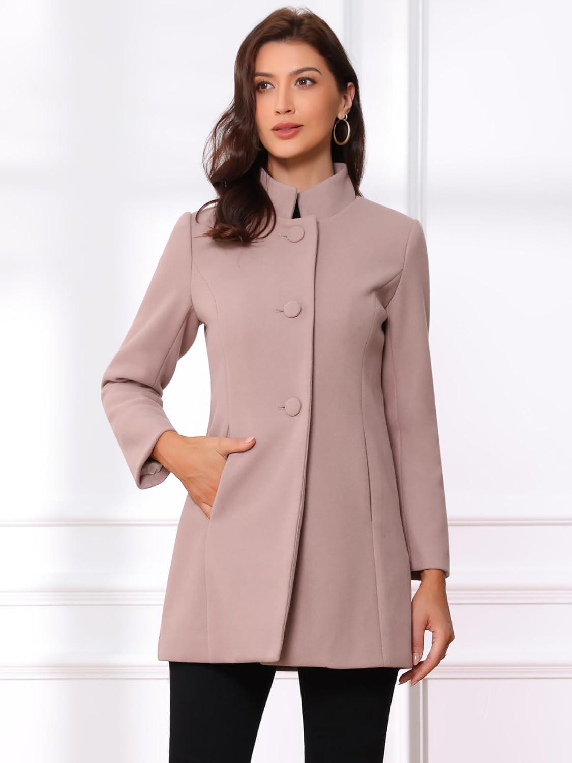 imageAllegra K Womens Winter Overcoat MidLong Stand Collar Single Breasted Coat OuterwearGrey Pink