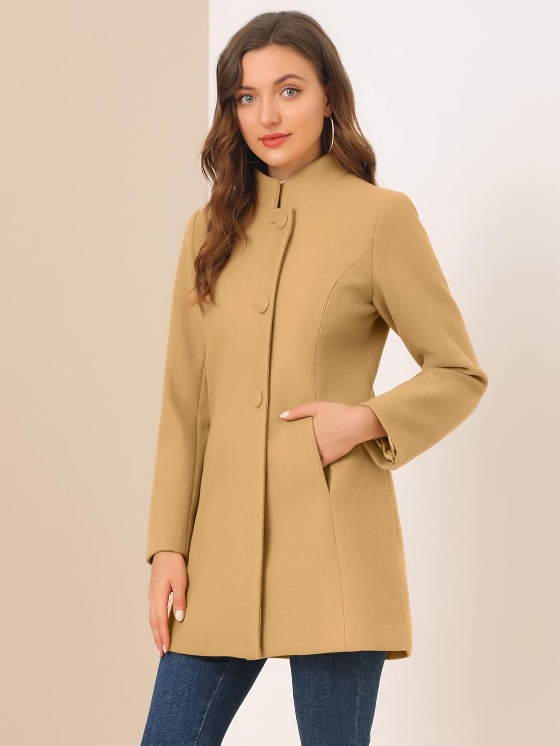 imageAllegra K Womens Winter Overcoat MidLong Stand Collar Single Breasted Coat OuterwearKhaki