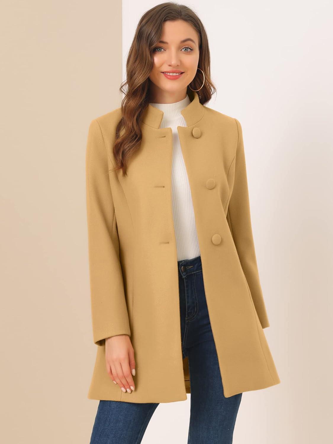 imageAllegra K Womens Winter Overcoat MidLong Stand Collar Single Breasted Coat OuterwearKhaki