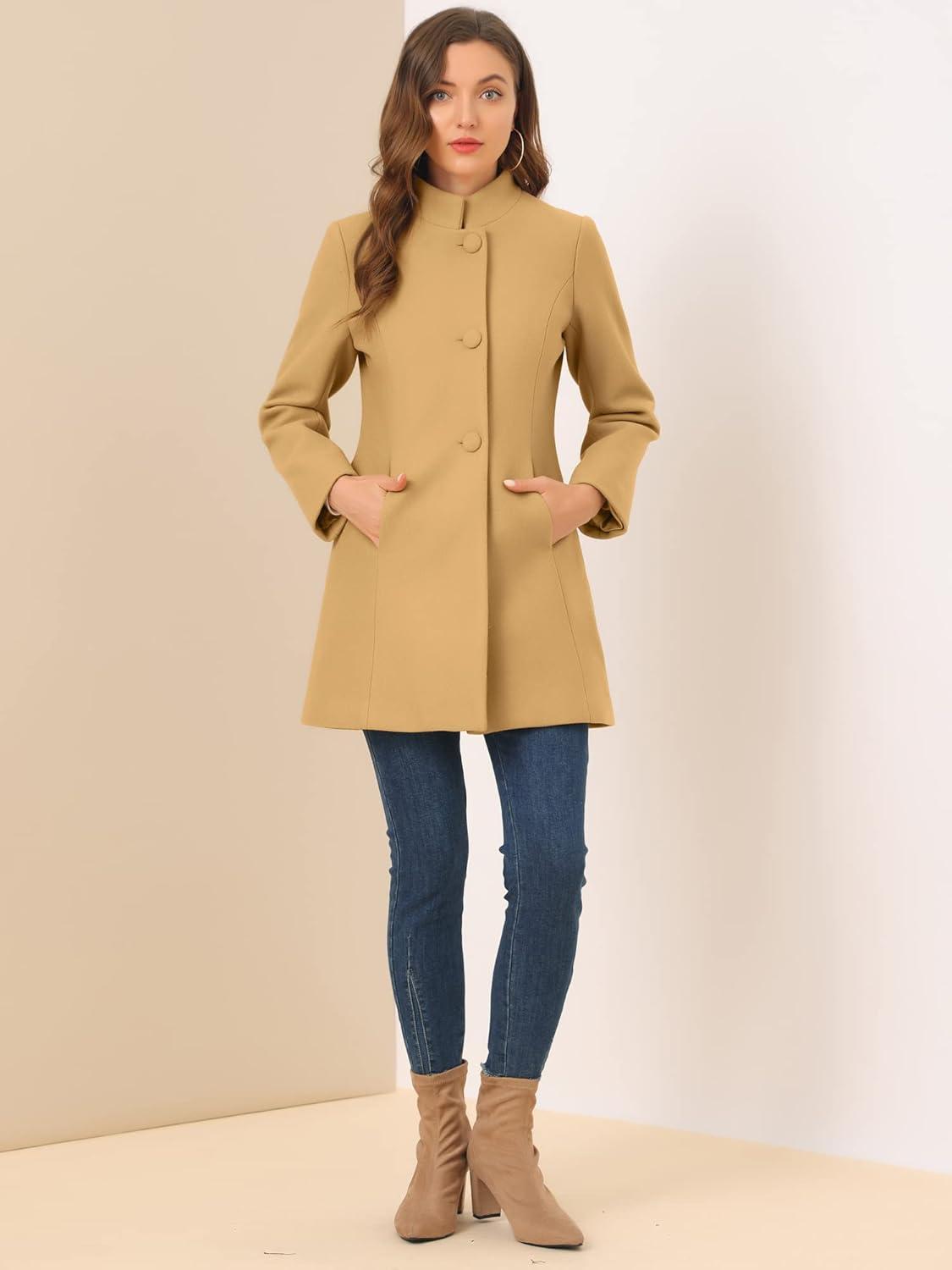 imageAllegra K Womens Winter Overcoat MidLong Stand Collar Single Breasted Coat OuterwearKhaki