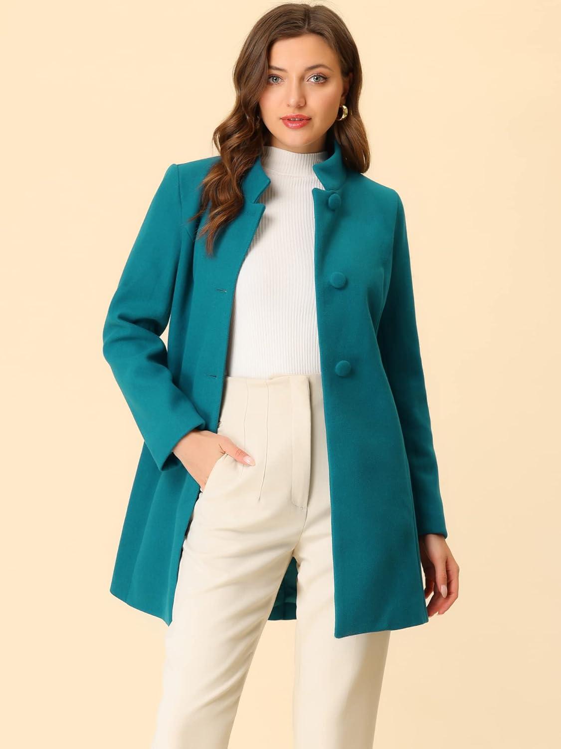 imageAllegra K Womens Winter Overcoat MidLong Stand Collar Single Breasted Coat OuterwearLake Blue