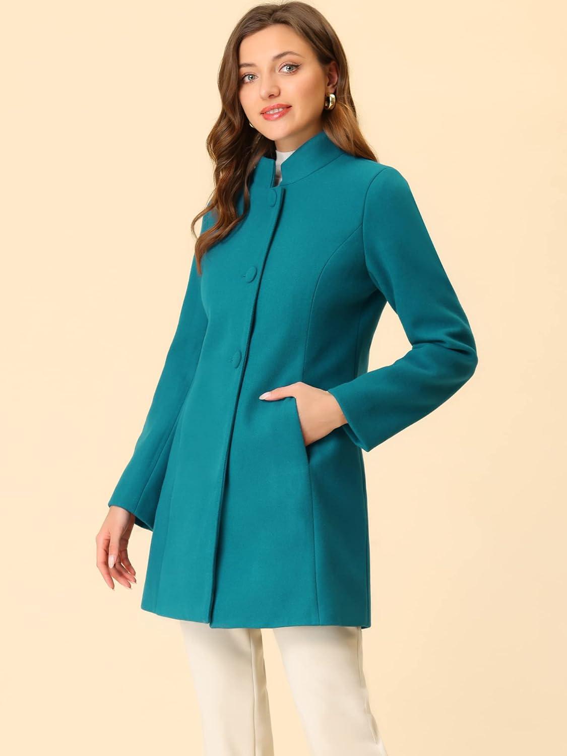 imageAllegra K Womens Winter Overcoat MidLong Stand Collar Single Breasted Coat OuterwearLake Blue
