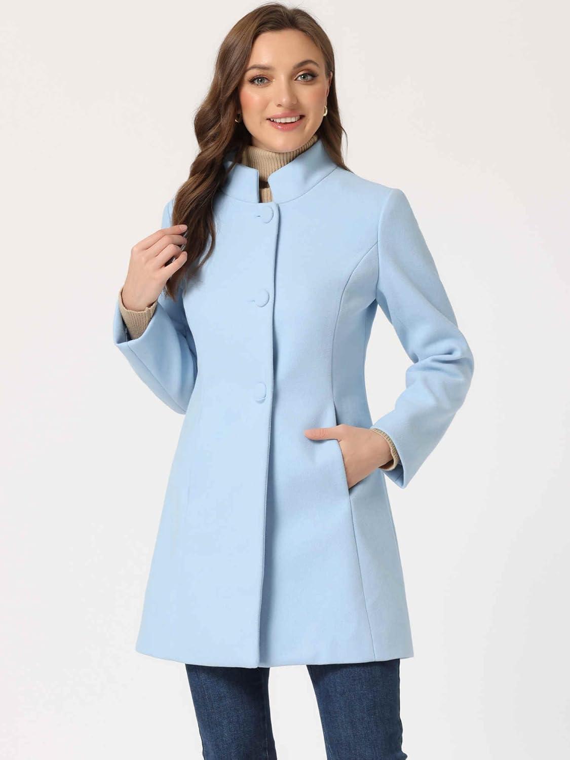 imageAllegra K Womens Winter Overcoat MidLong Stand Collar Single Breasted Coat OuterwearLight Blue