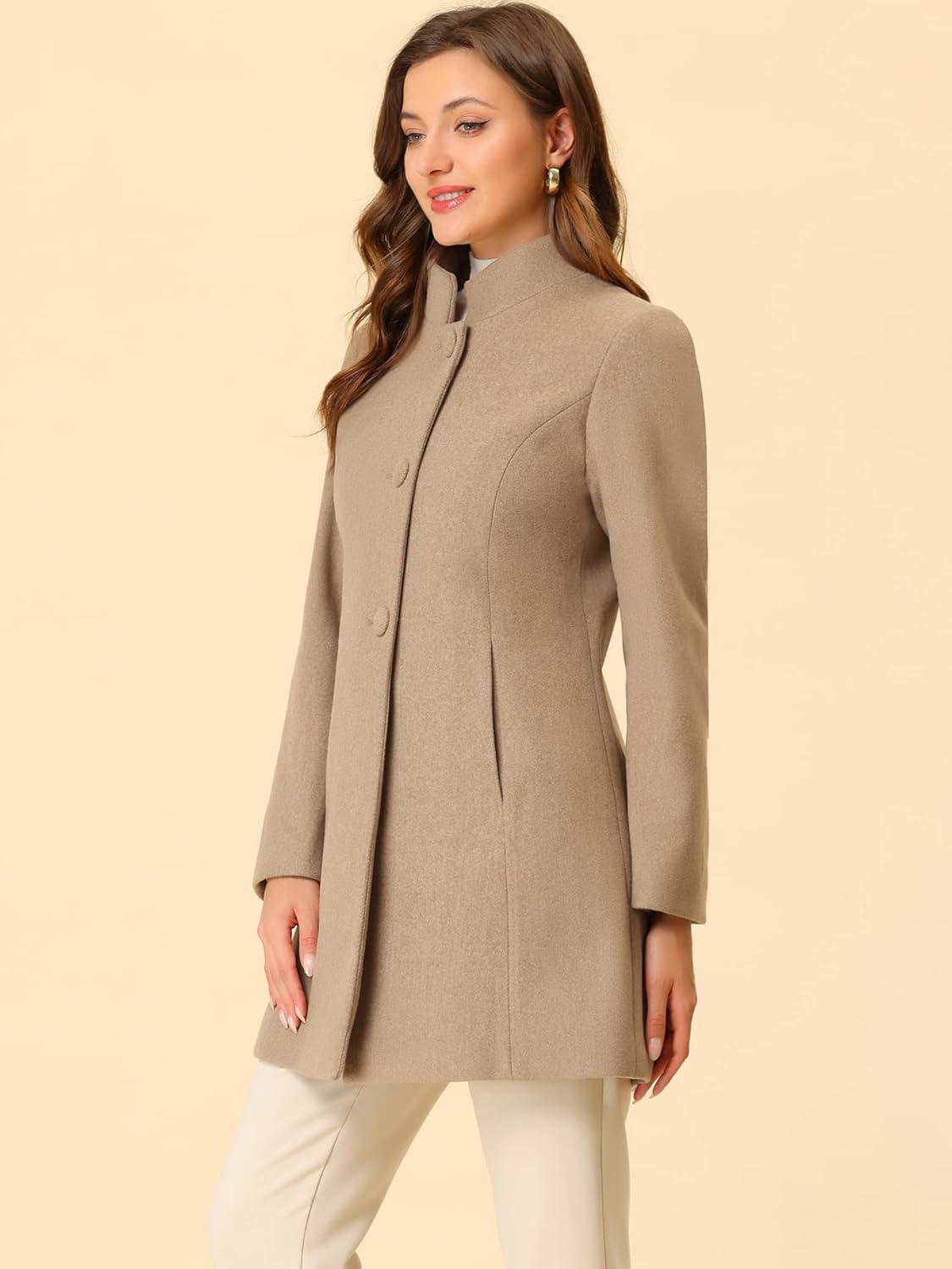 imageAllegra K Womens Winter Overcoat MidLong Stand Collar Single Breasted Coat OuterwearLight Brown