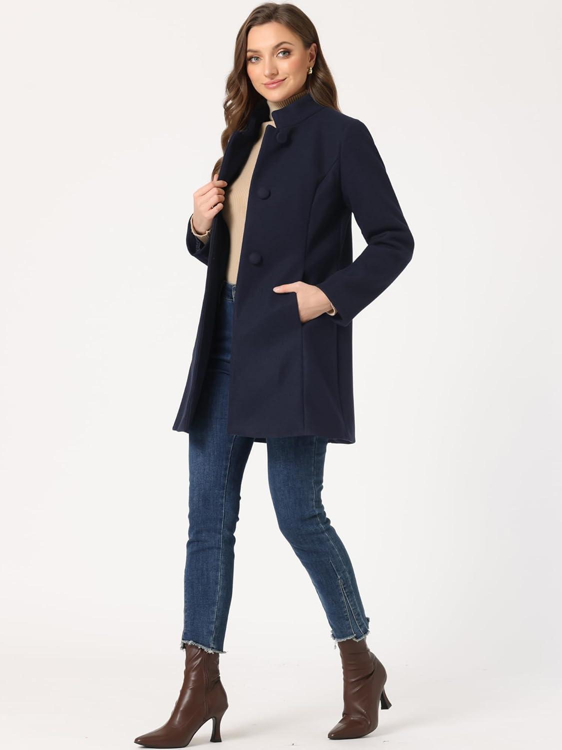imageAllegra K Womens Winter Overcoat MidLong Stand Collar Single Breasted Coat OuterwearNavy Blue
