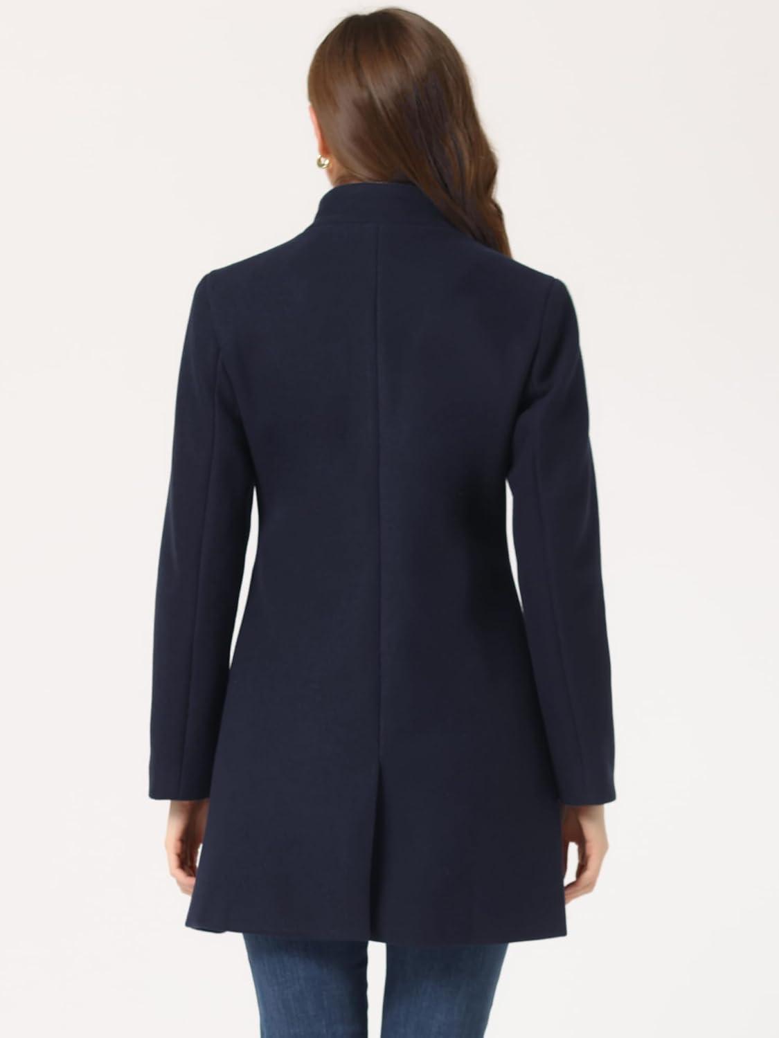 imageAllegra K Womens Winter Overcoat MidLong Stand Collar Single Breasted Coat OuterwearNavy Blue