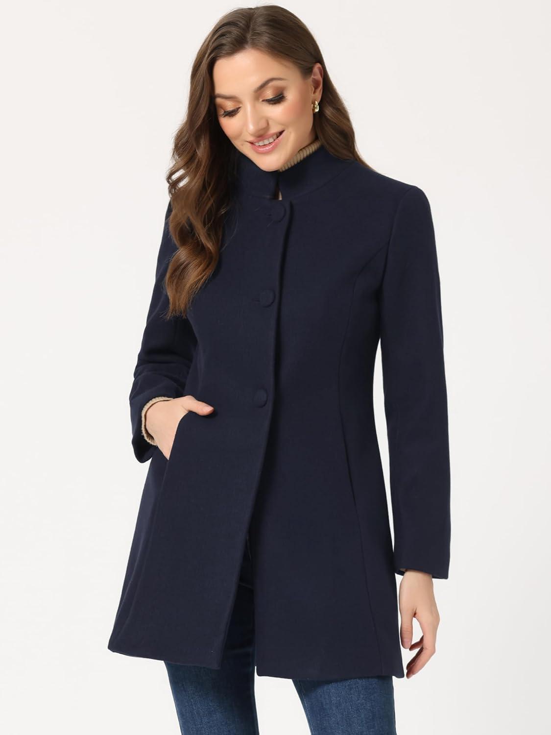 imageAllegra K Womens Winter Overcoat MidLong Stand Collar Single Breasted Coat OuterwearNavy Blue